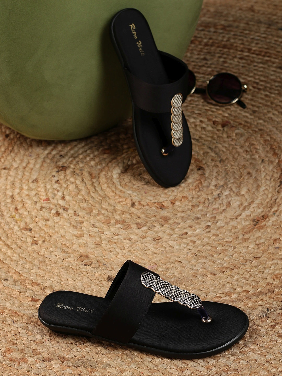 Retro Walk Embellished Open Toe Flats