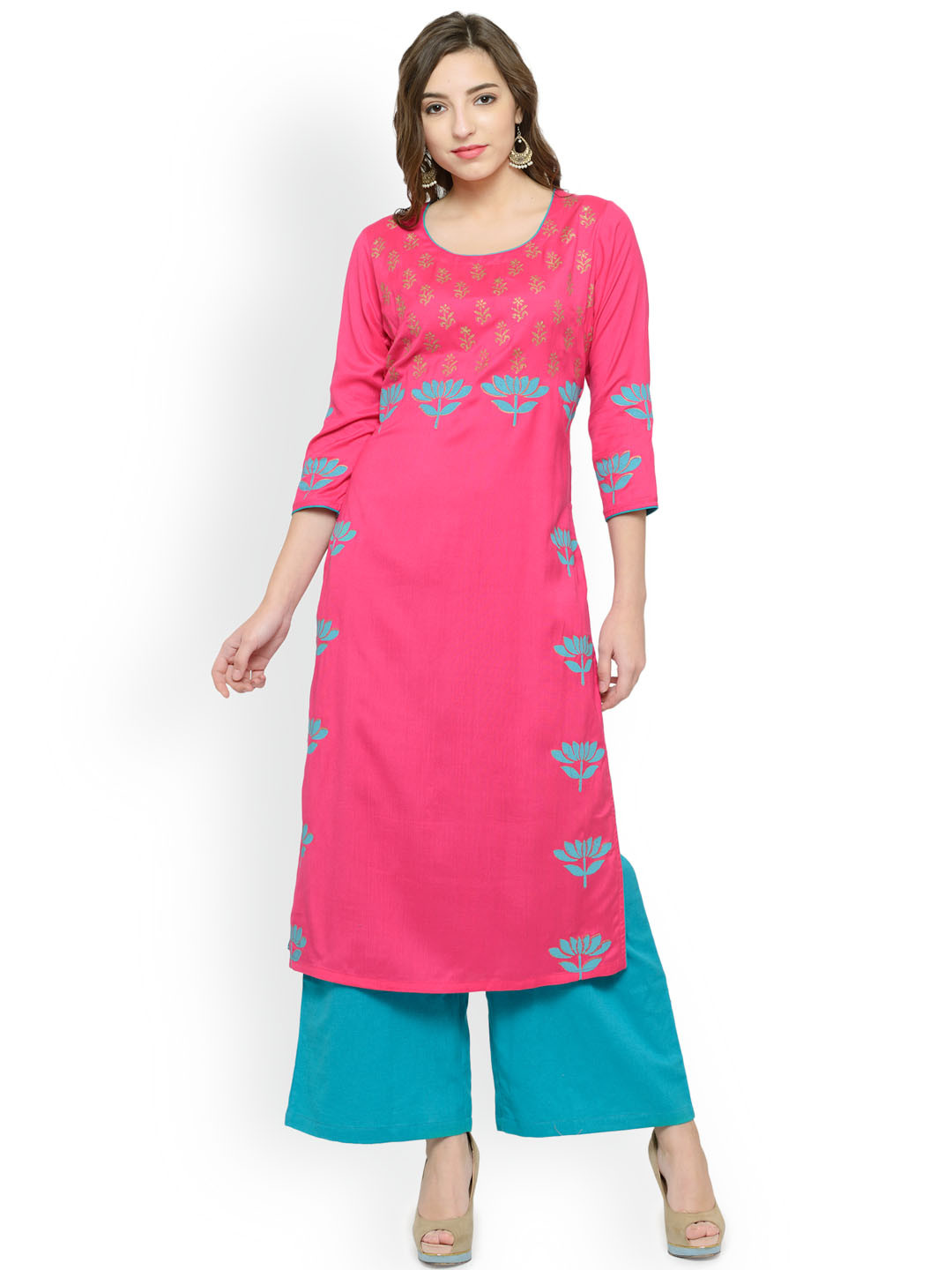 Bitterlime Women Pink Block Print Straight Kurta