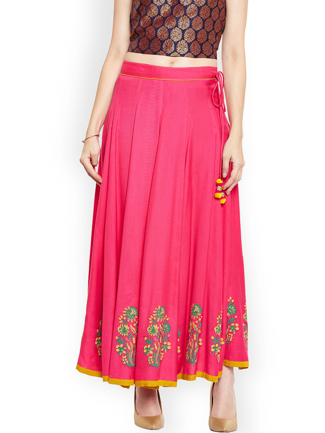 Bitterlime Women Pink Block Printed Kalidar Pink Skirt