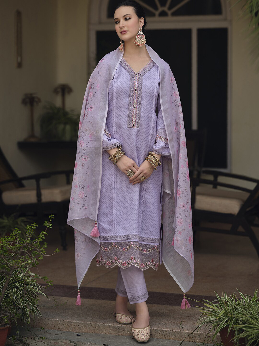 Indo Era Lavender & Pink Floral Embroidered Thread Work Linen Kurta Set
