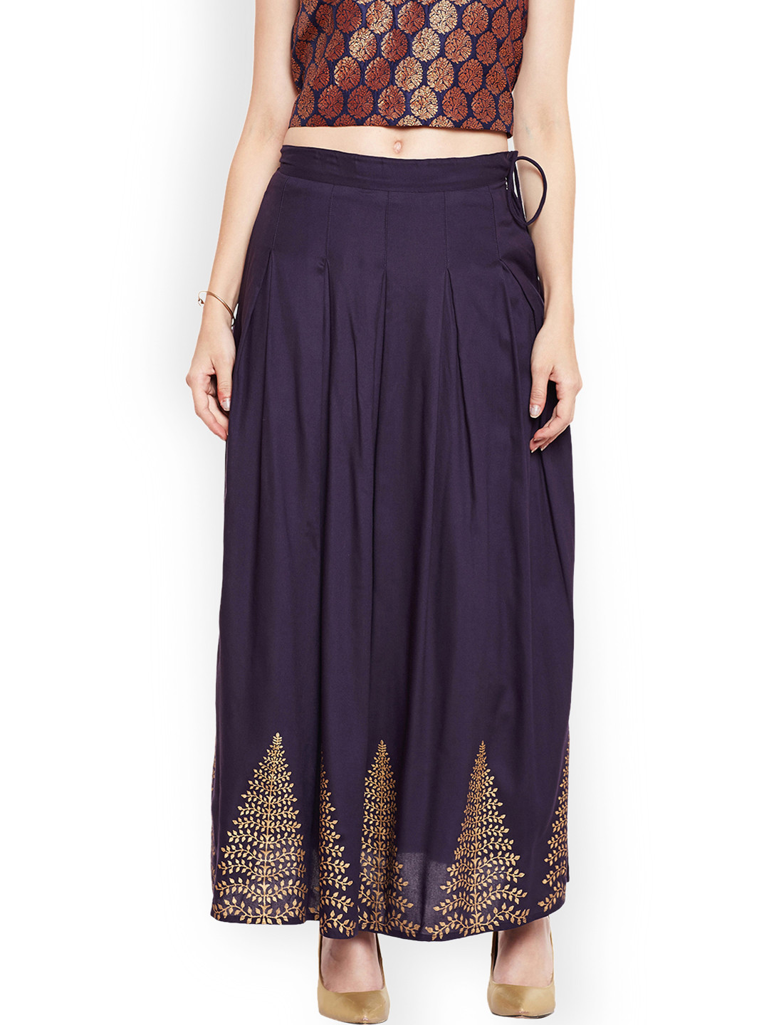 Bitterlime Women Navy Blue Block Printed Pleated Skirt