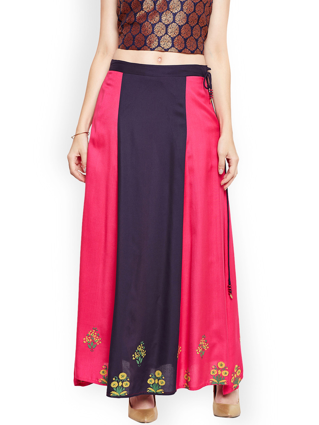 Bitterlime Women Navy Blue & Pink Block Print A-Line Skirt