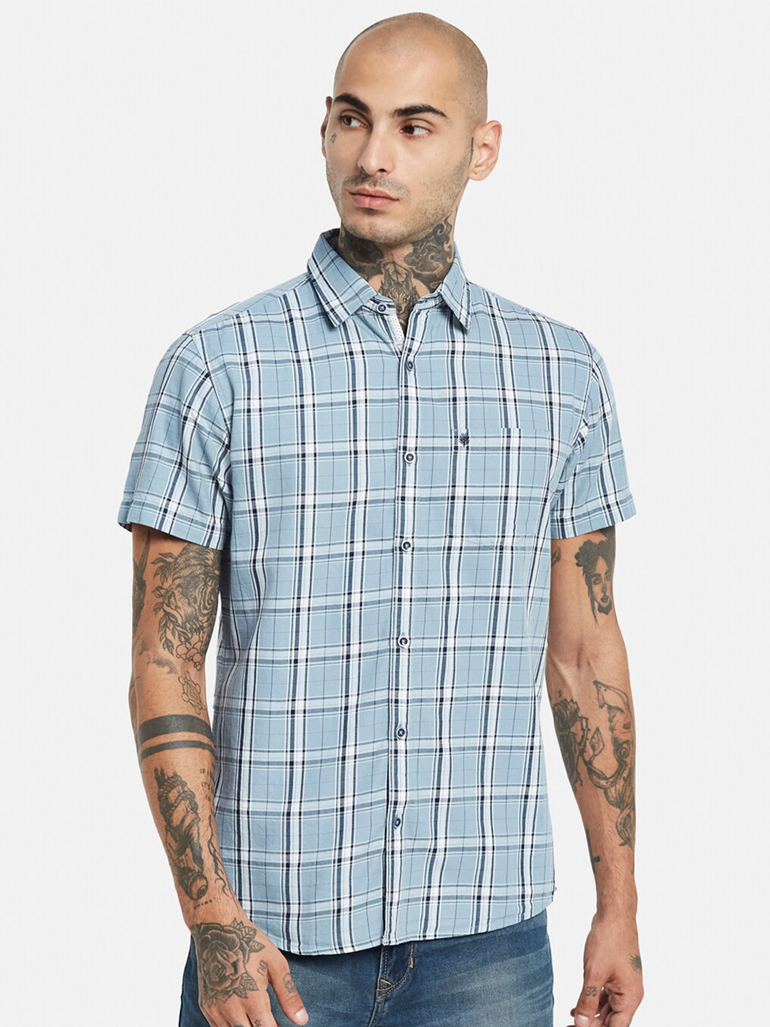 METTLE Checked Short Sleeve Cotton Casual Shirt