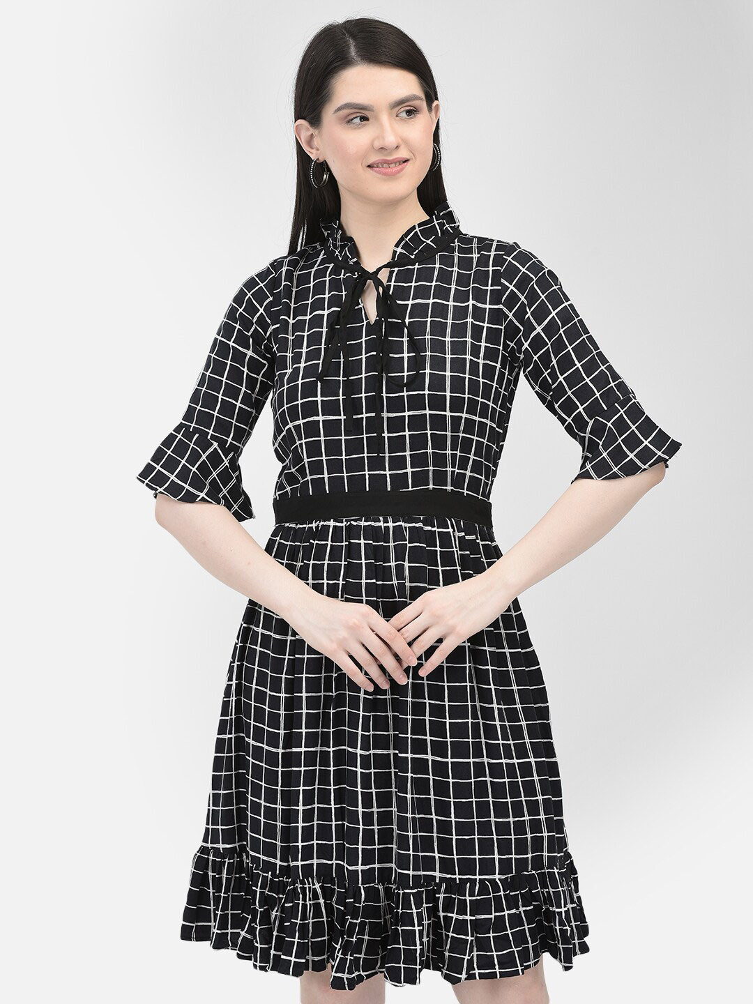 Eavan Checked Tie-Ups Neck Bell Sleeve Gathered Tiered Fit & Flare Dress
