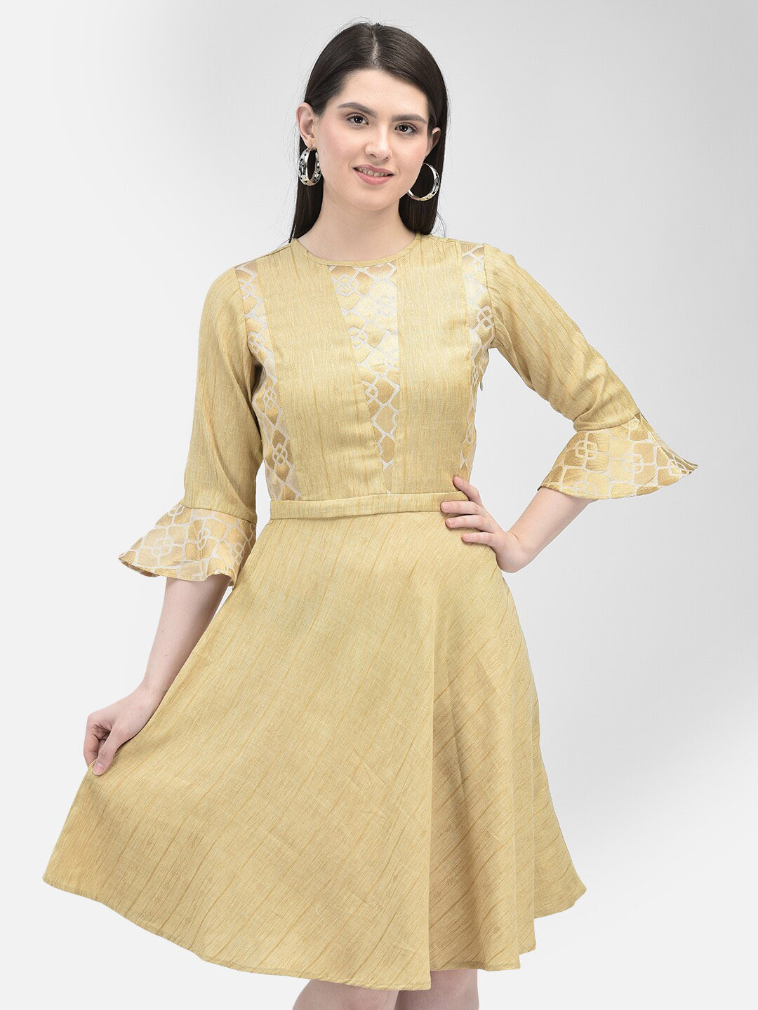 Eavan Self Design Bell Sleeve Pure Cotton Fit & Flare Dress