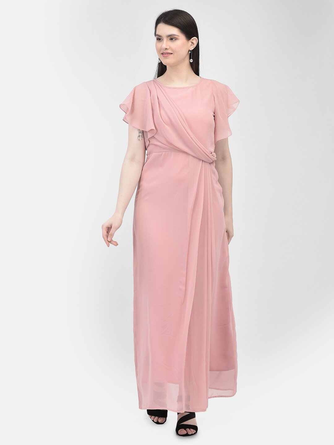 Eavan Flared Sleeve Round Neck Gathered Maxi Dress