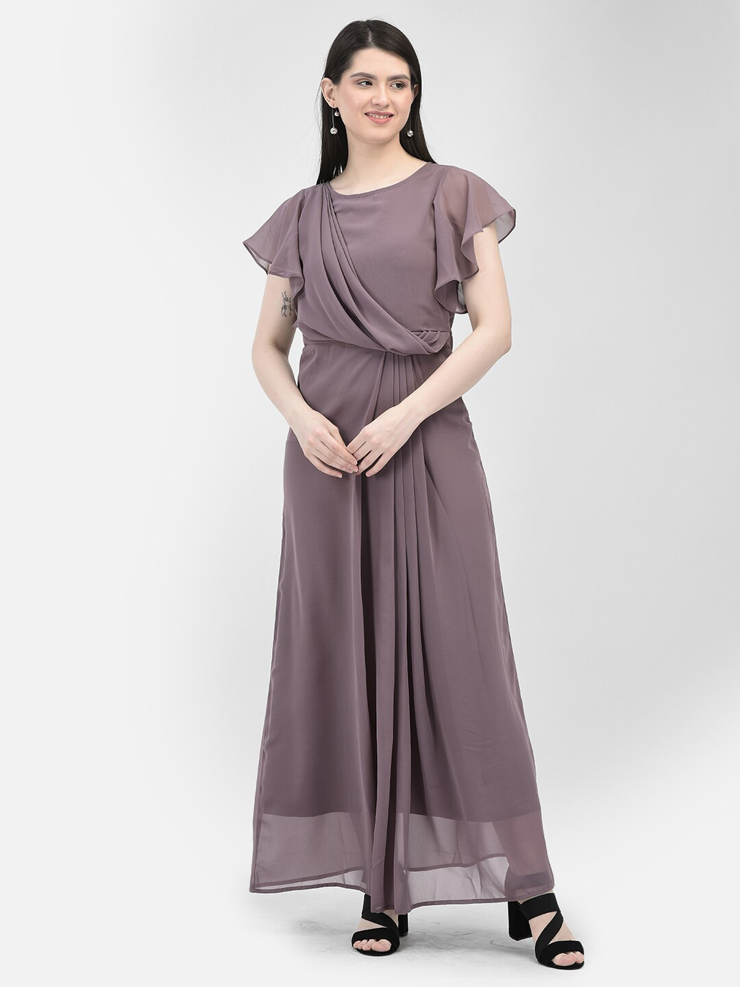 Eavan Flutter Sleeves Pleated Detailed Maxi Dress