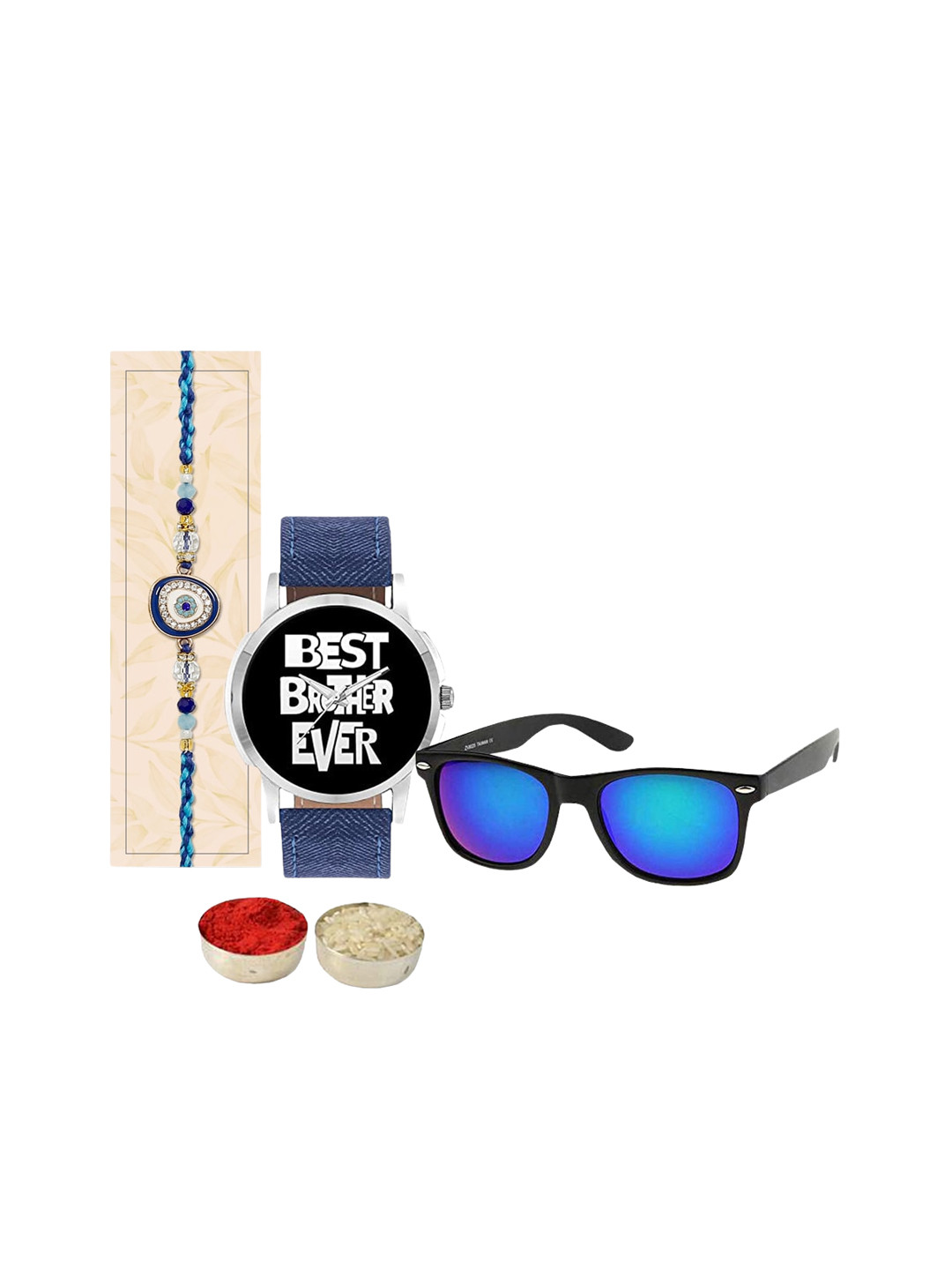 Relish Men Evil Eye Motif Studded Rakhi With Watch & Sunglass