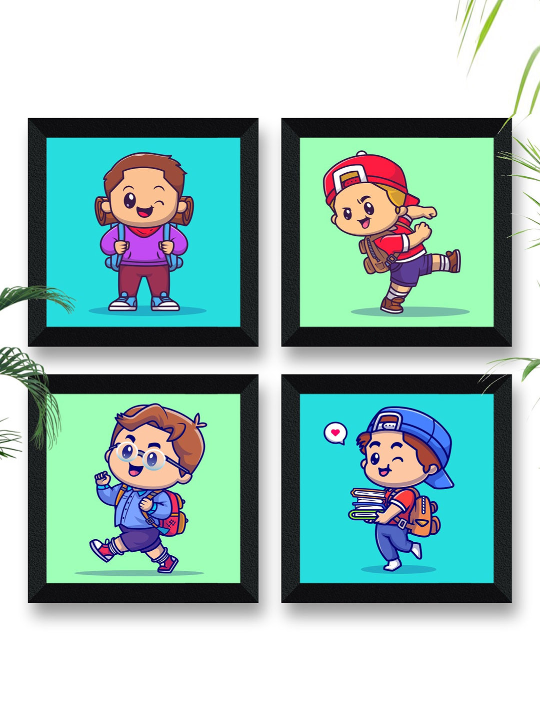 SAF Cute Little Boy Wood 4 Piece Wall Rectangle Paintings Wall Art - 10 x 10 In