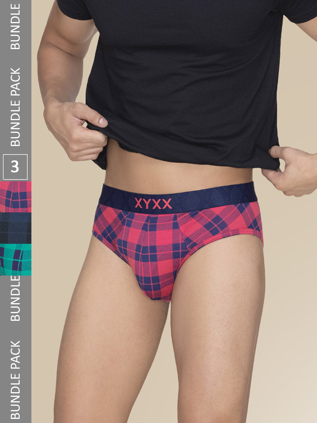 XYXX Pack Of 3 Checked Intelli Soft Anti-Microbial Briefs XYBRF3PCKN966