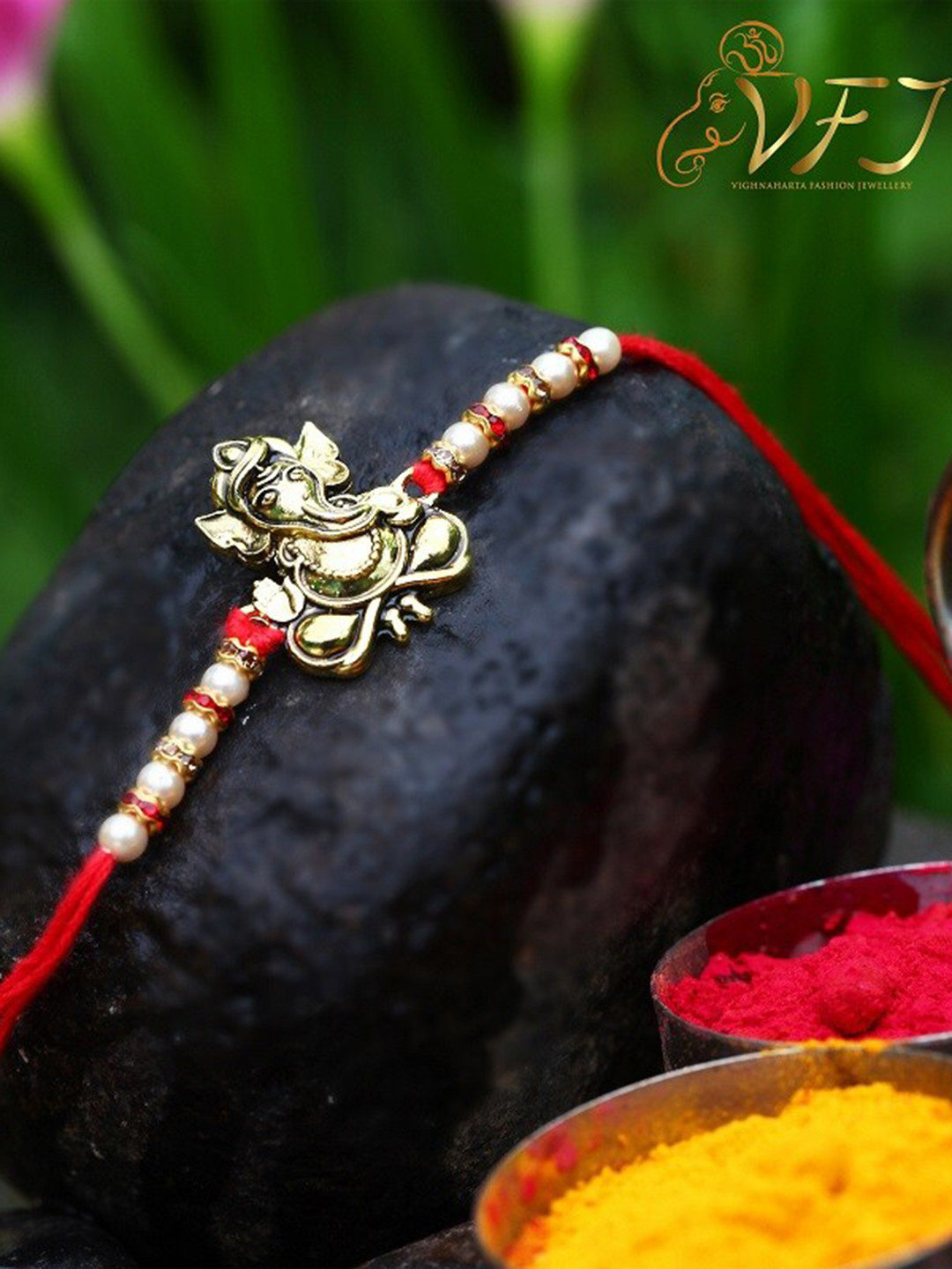Vighnaharta Gold-Plated Lord Avighna Ganesha Charm Tie-Up Rakhi