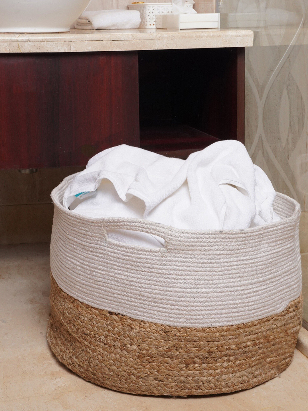 HOMEMONDE White & Brown Jute and Cotton Foldable Laundry Bag