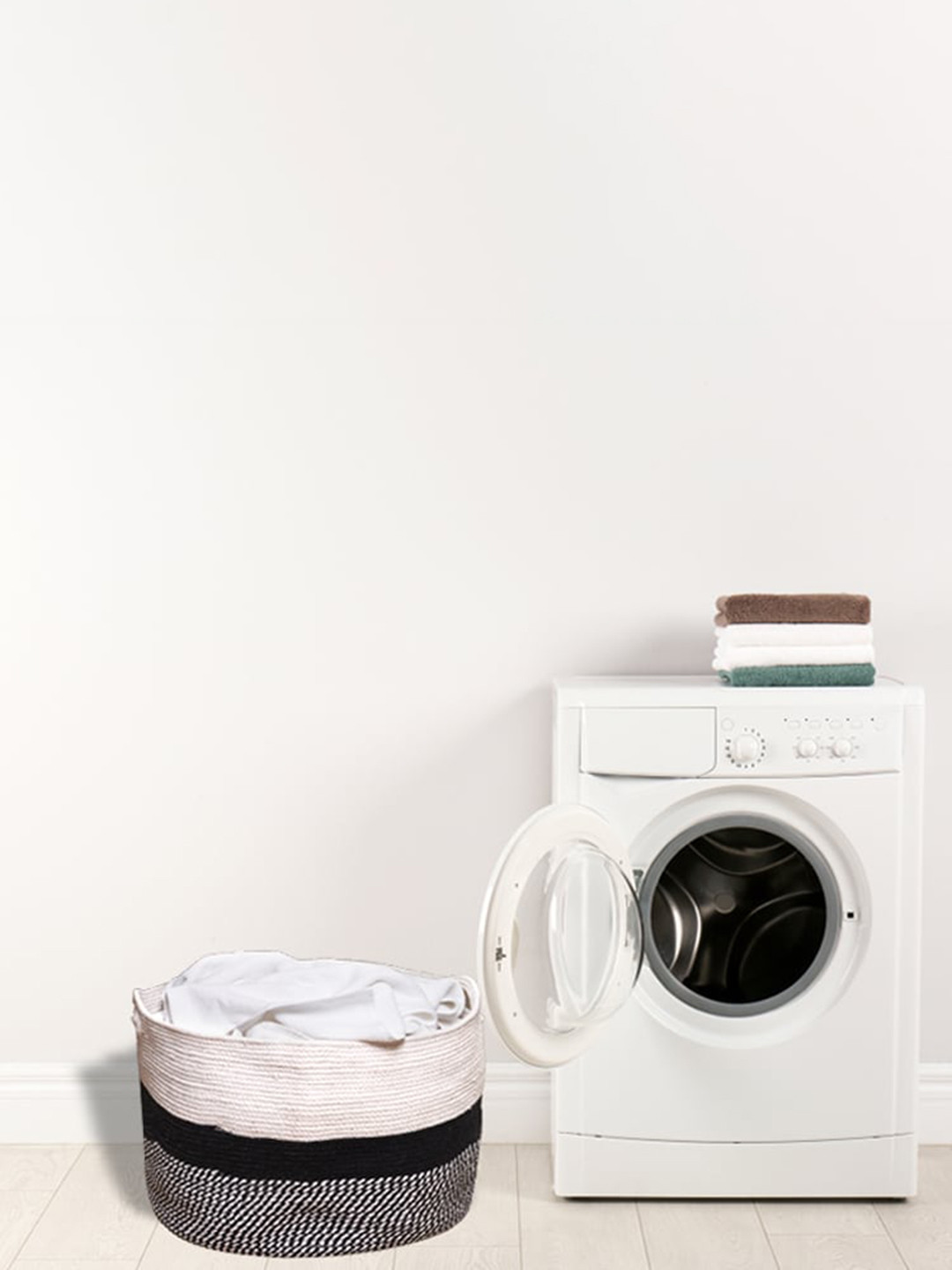 HOMEMONDE Black & White Self Design Cotton Foldable Laundry Bag