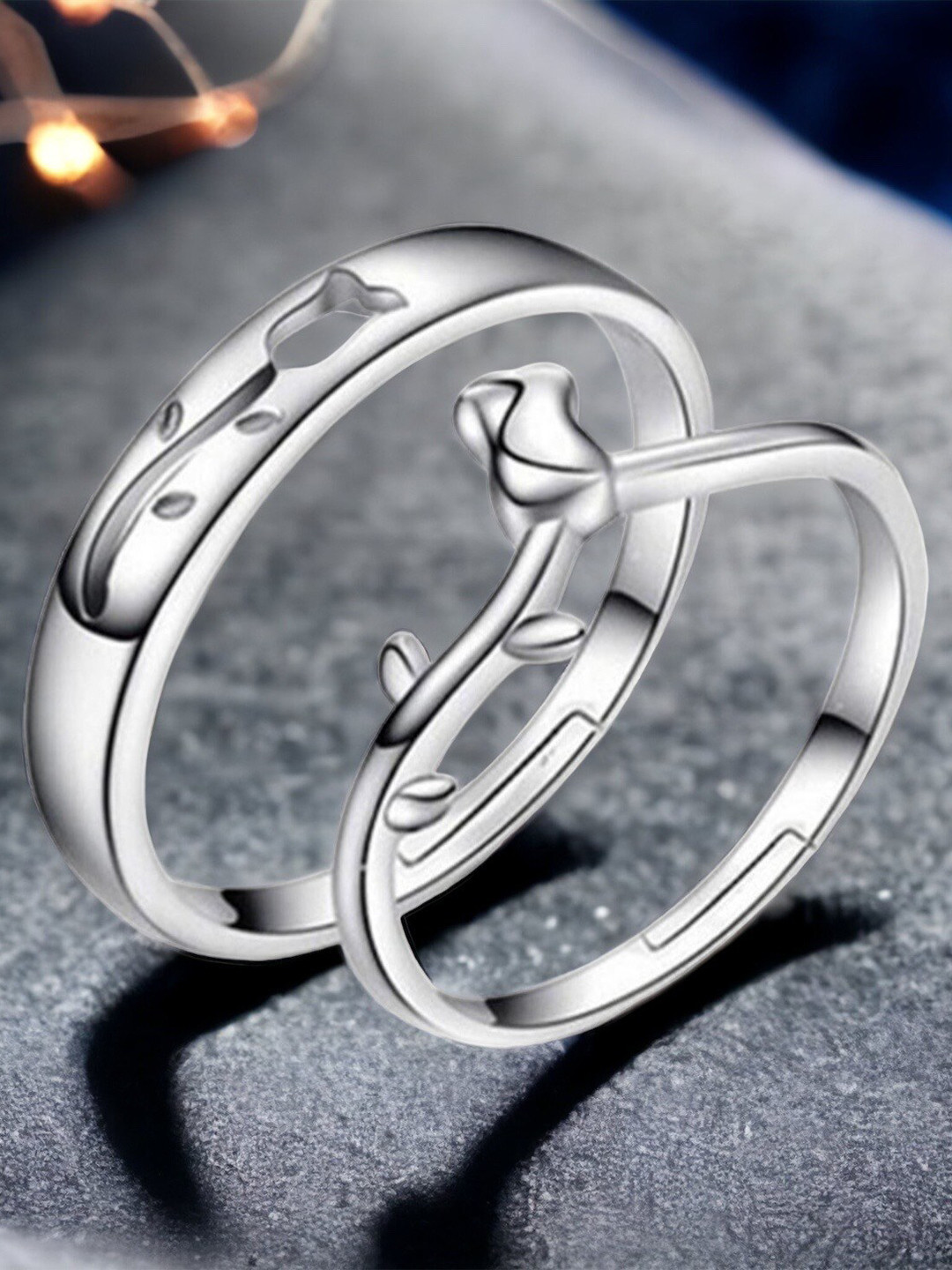 MYKI Unisex Set Of 2 Silver-plated & Swarovski Zirconia Studded Adjustable Couple Rings