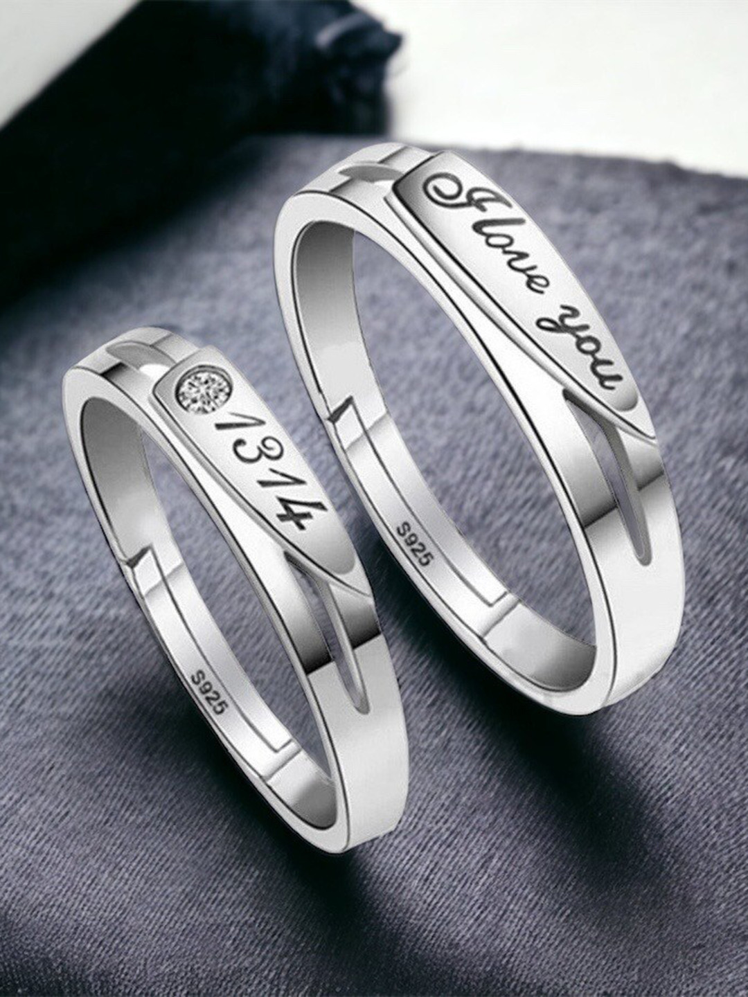 MYKI Set Of 2 Silver-Plated Cubic Zirconia Studded Carved Couple Finger Rings