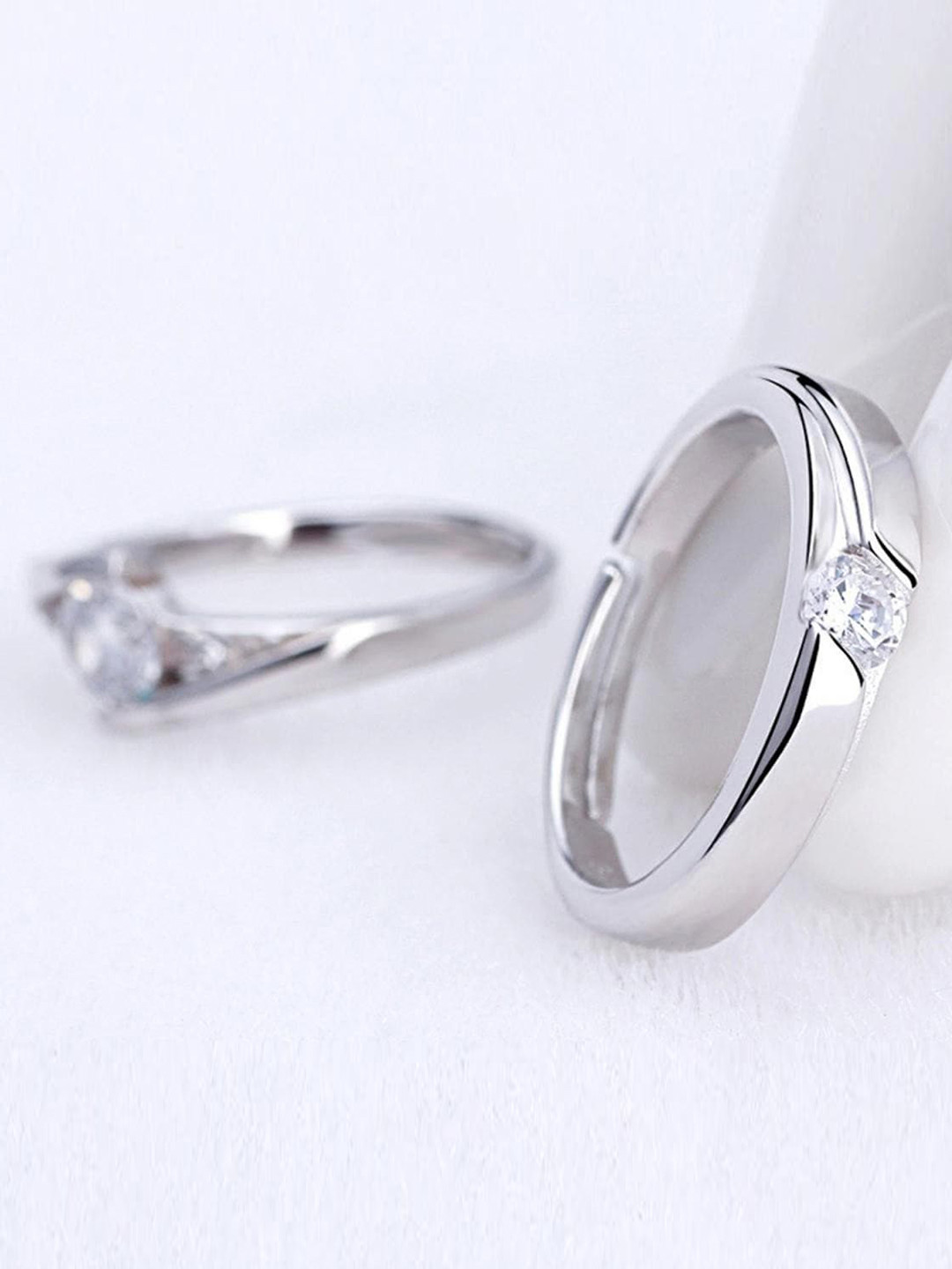 MYKI Set of 2 Silver-Plated Stainless Steel Cubic Zirconia-Studded Couple Rings
