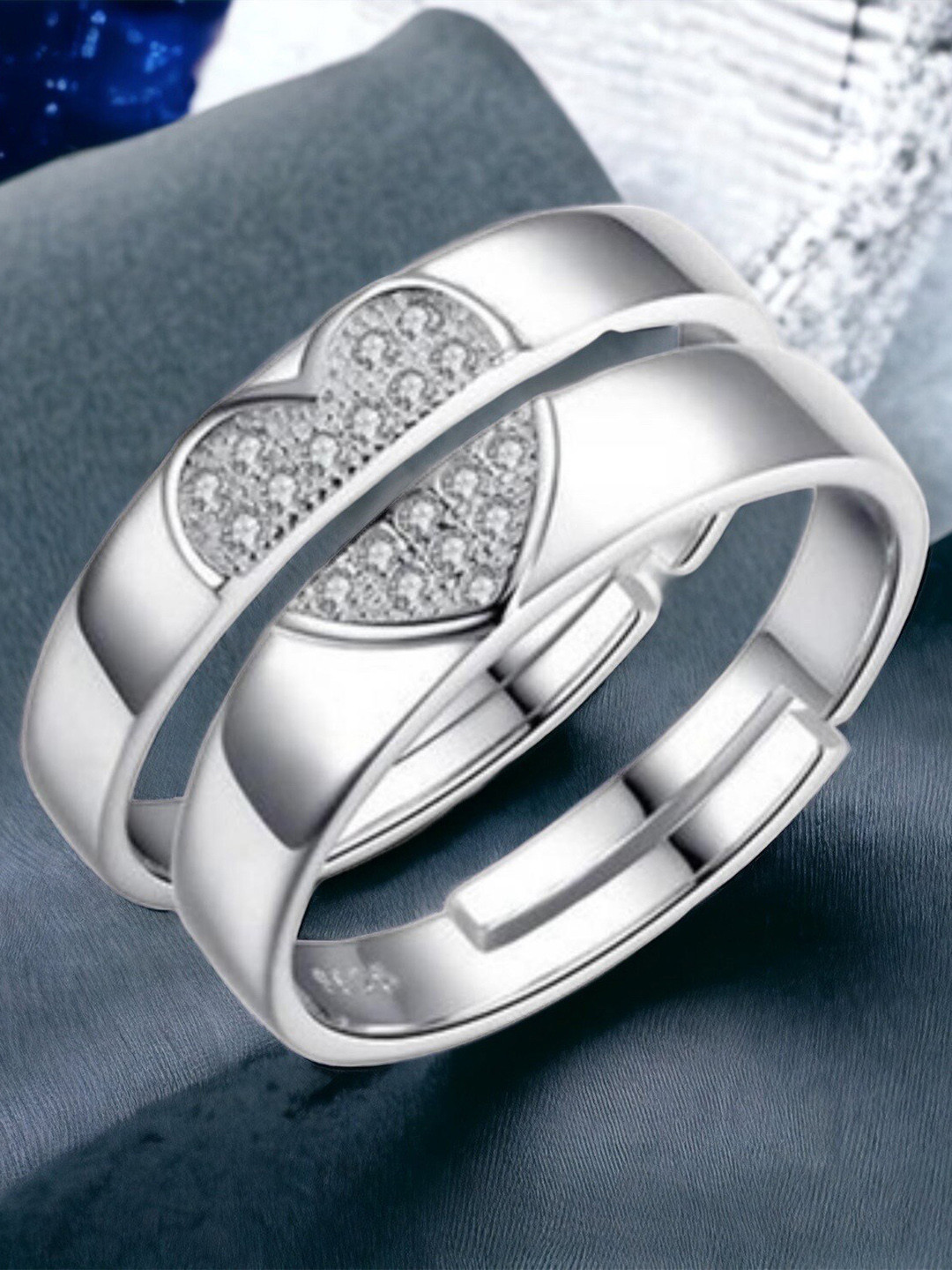 MYKI Set Of 2 Silver-Plated Cubic Zirconia-Studded Couple Adjustable Finger Rings