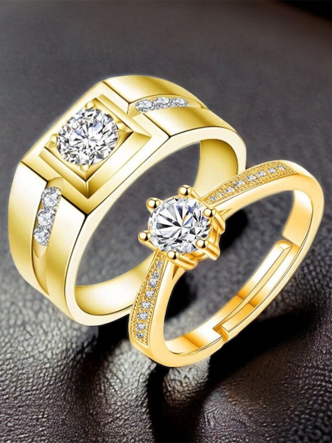 MYKI Set Of 2 Gold-Plated Cubic Zirconia-Studded Adjustable Couple Rings
