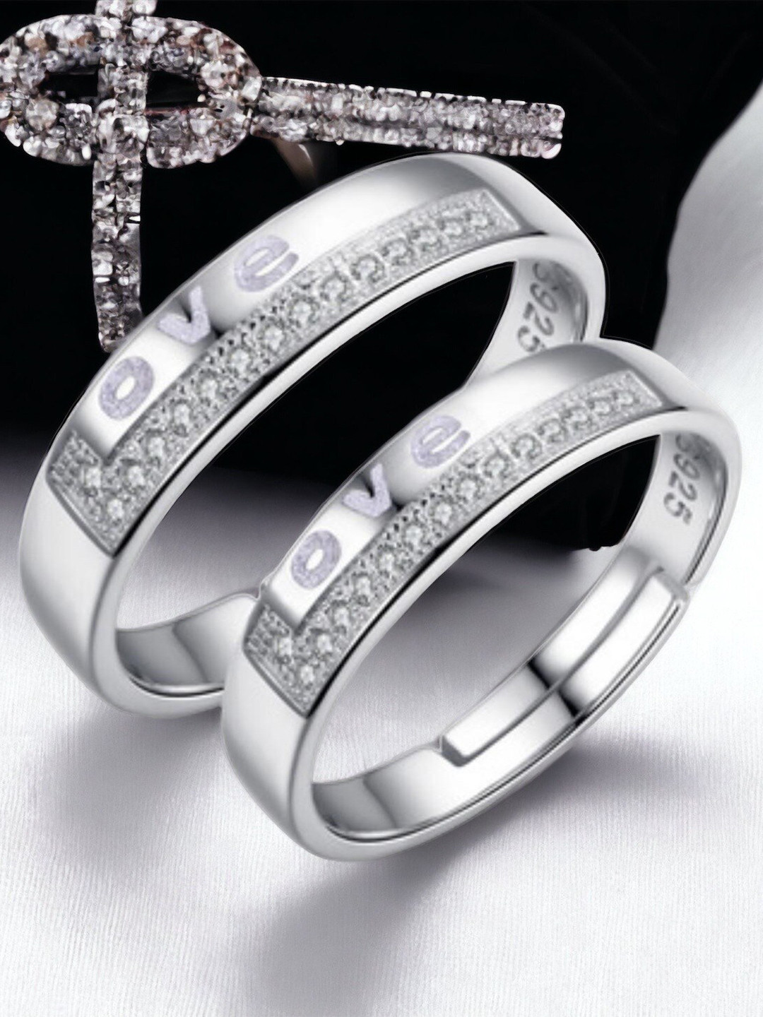 MYKI Set of 2 Silver-Plated Stainless Steel Cubic Zirconia-Studded Couple Rings