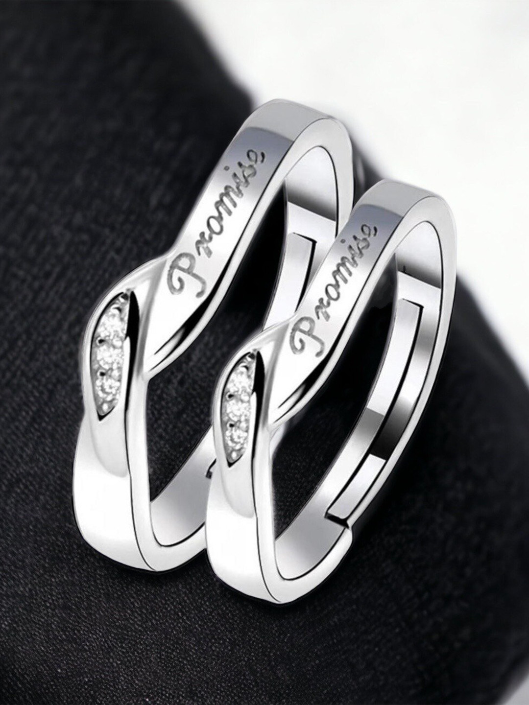 MYKI Set Of 2 Silver-Plated CZ Studded Adjustable Couple Rings
