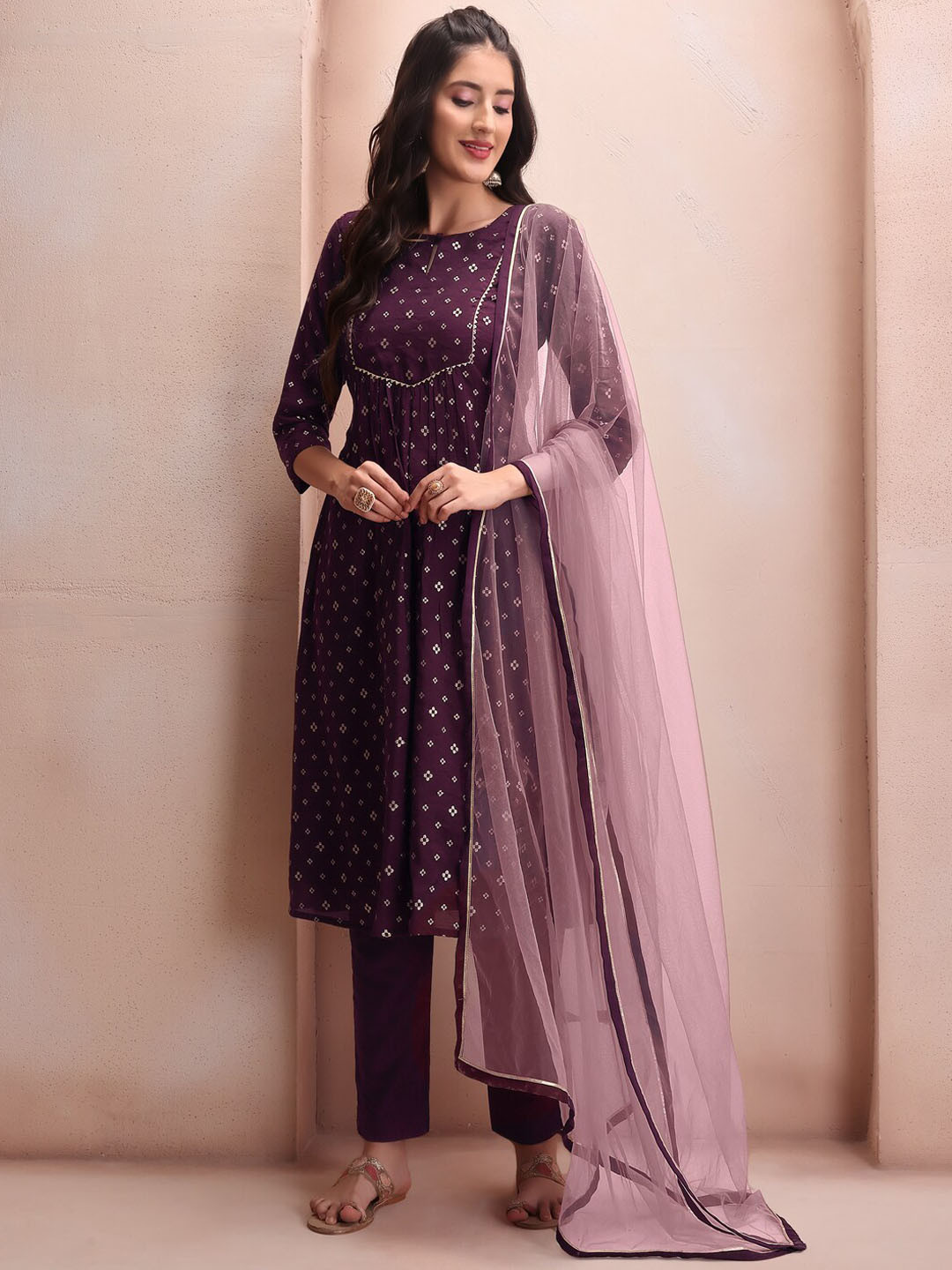 Inddus Mauve Floral Embroidered Thread Work Chanderi Cotton Kurta Set