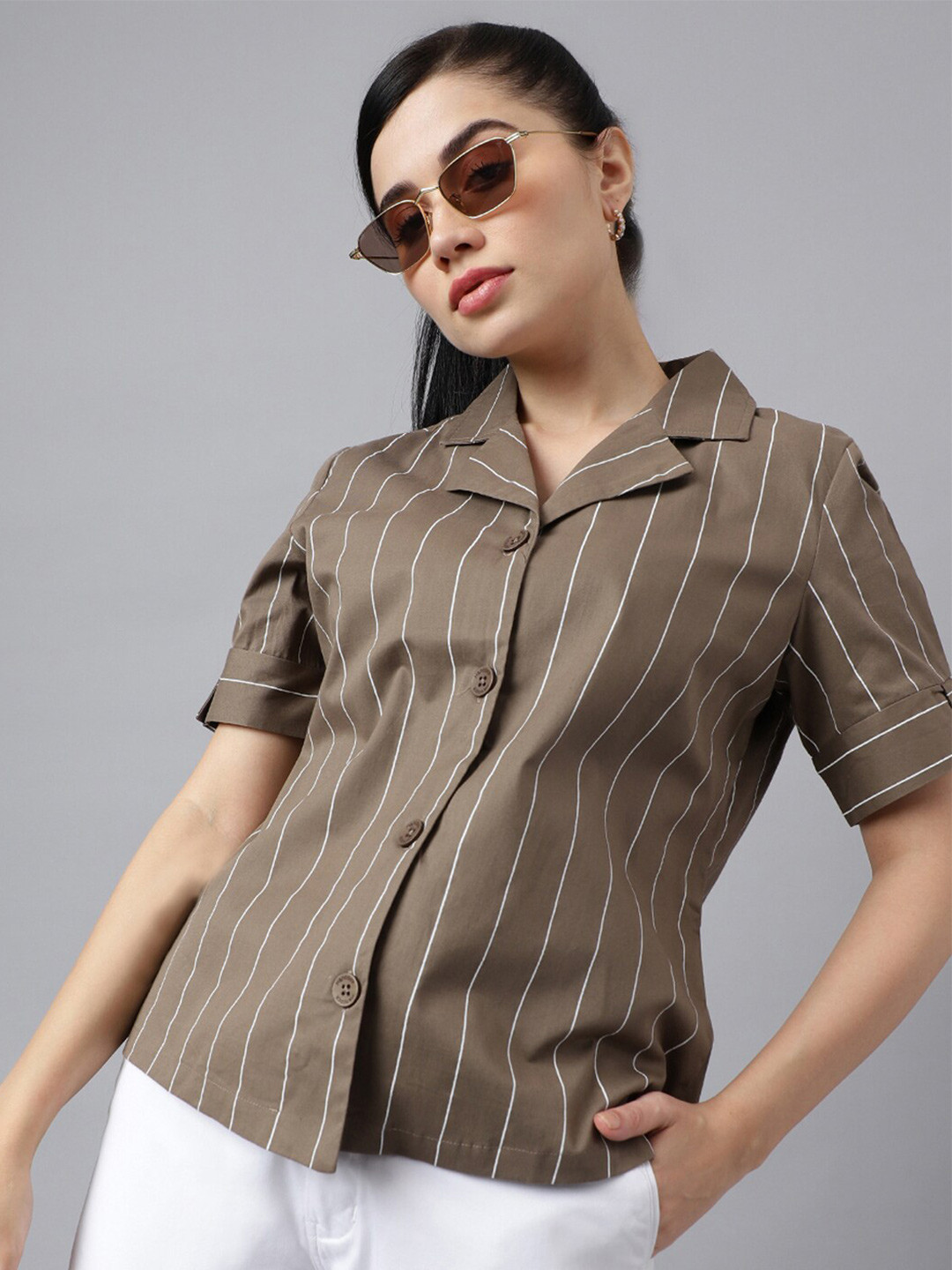 Hancock Cuban Collar Relaxed Striped Formal Pure Cotton Shirt