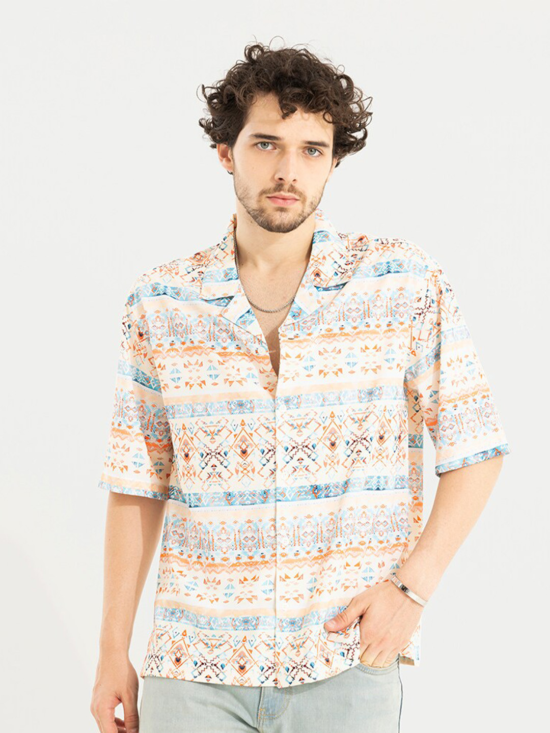 Snitch Cream Classic Ethnic Motifs Printed Boxy Casual Shirt