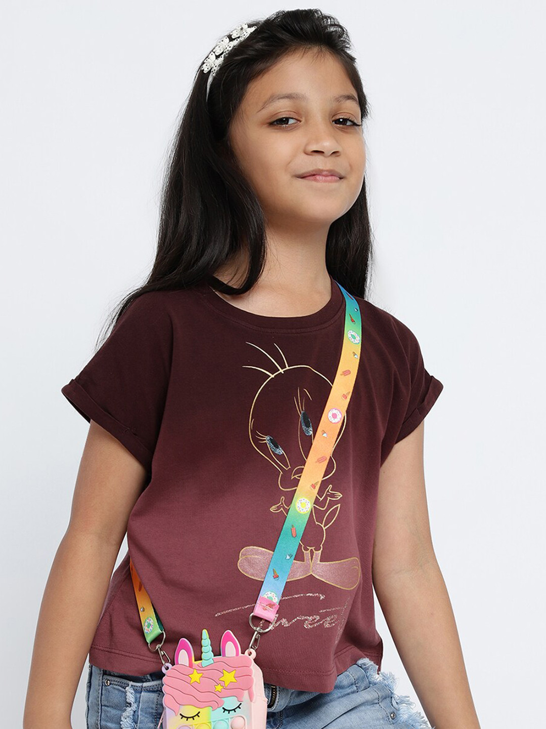 METTLE Girls Tweety Printed Extended Sleeves Cotton T-shirt