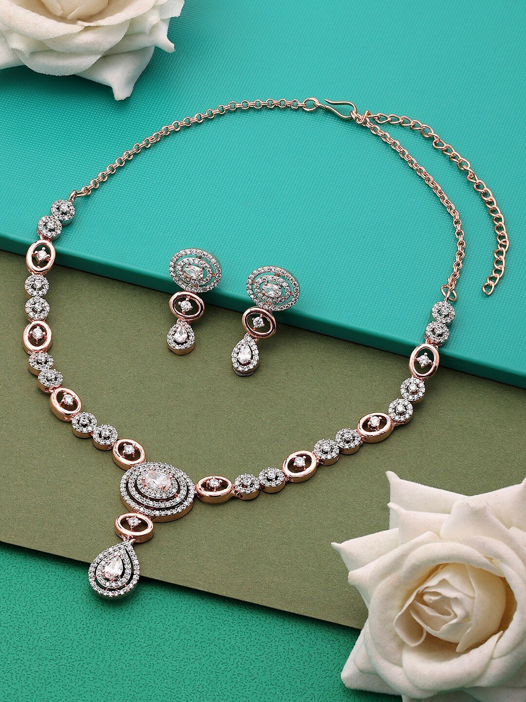 AMI Rose Gold-Plated CZ-Studded Necklace and Earrings