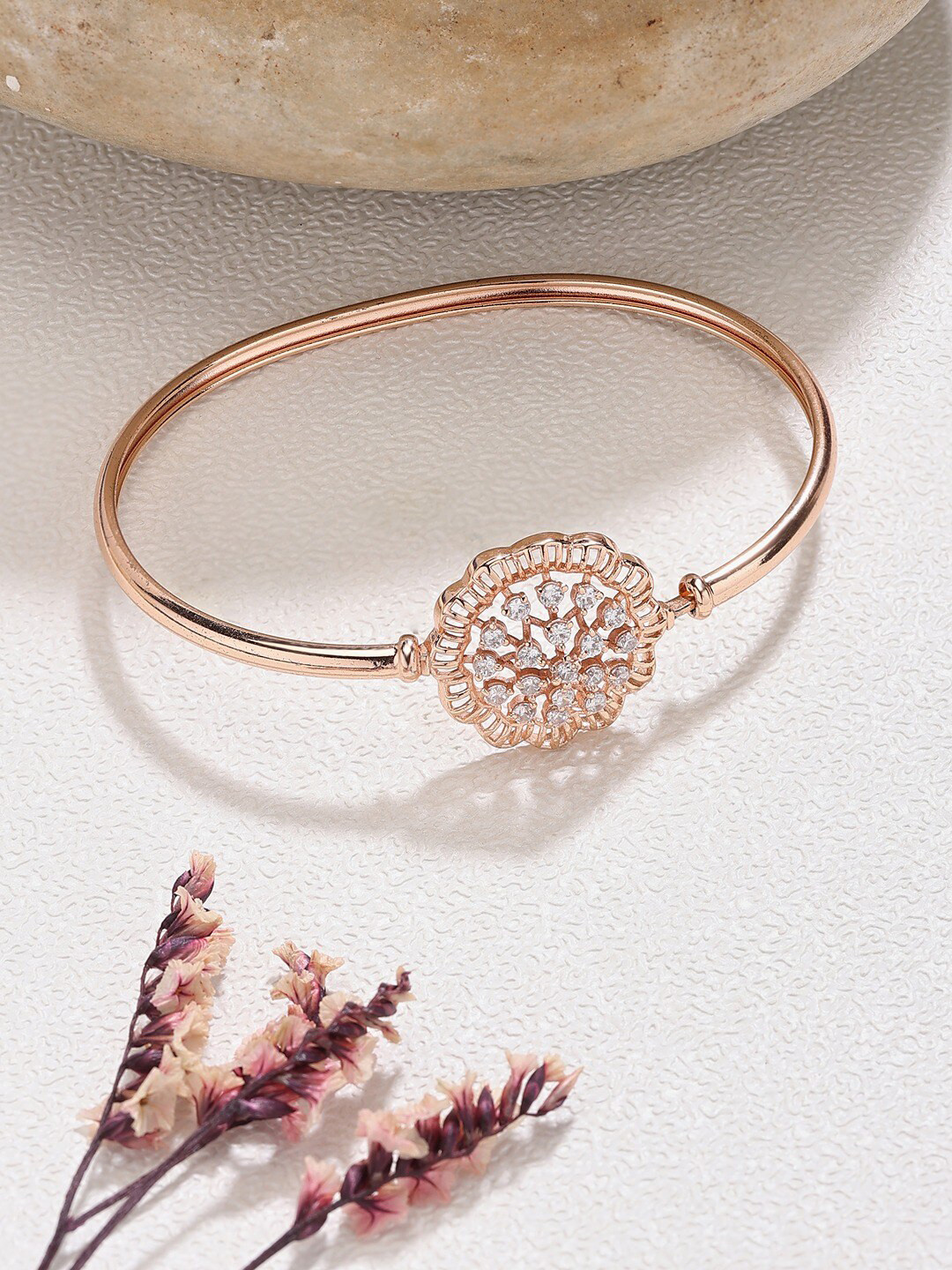AMI Rose Gold-Plated Cubic Zirconia Studded Kada Bracelet