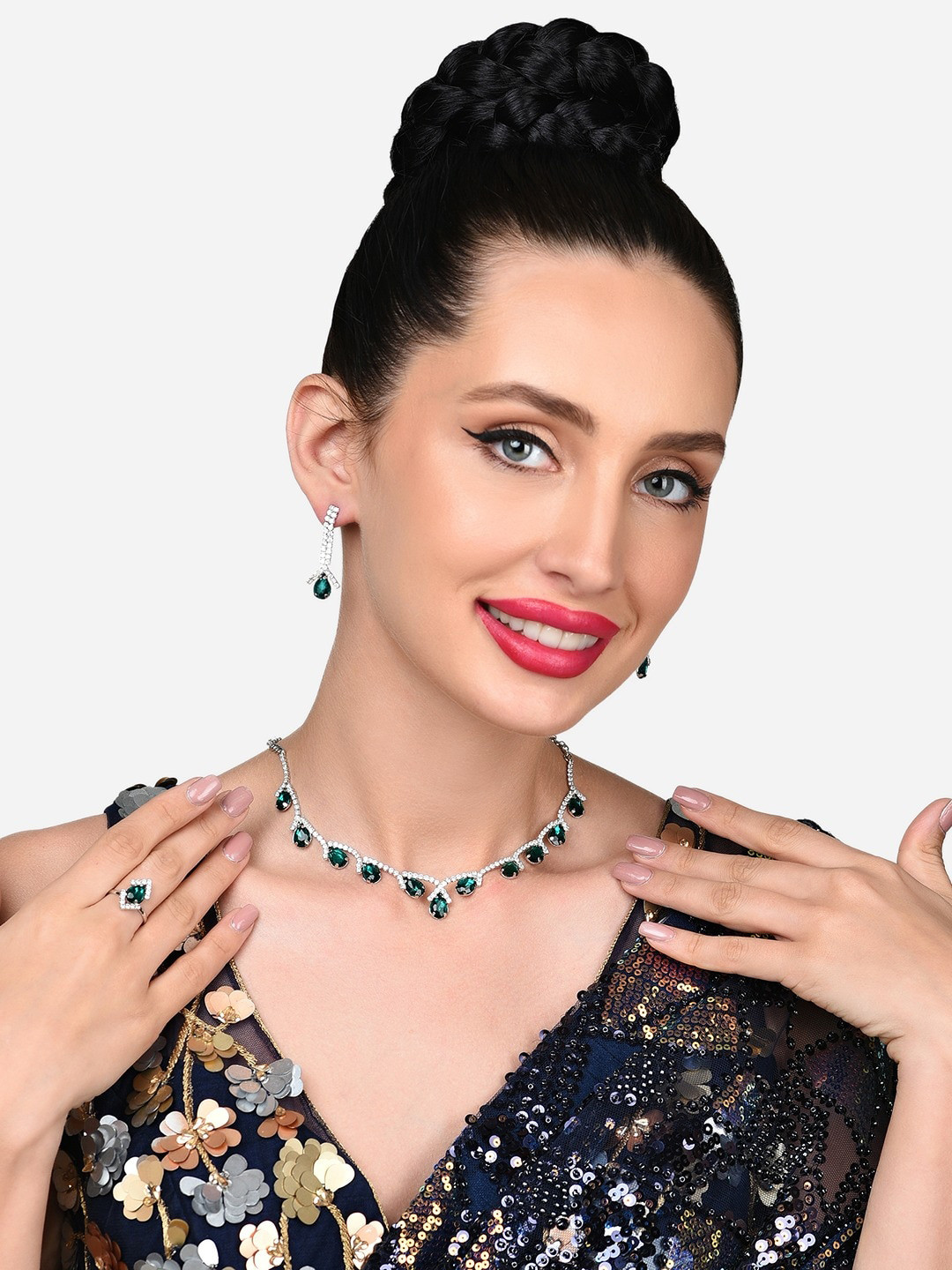 AMI Silver-Plated Dazzling Austrian Diamonds Necklace Earring & Ring Set