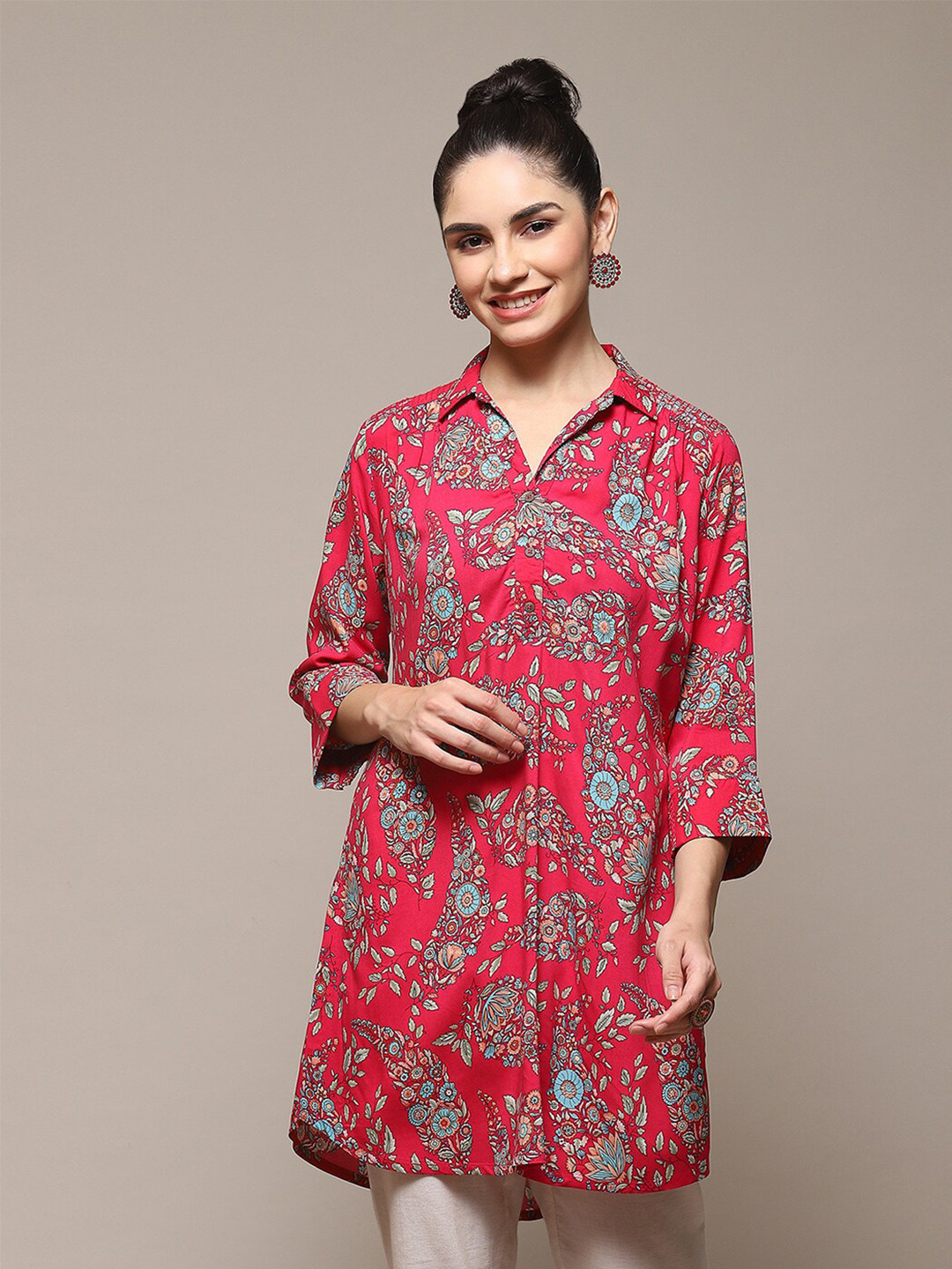 Biba Pink Floral Printed Shirt Collar A-Line Kurta