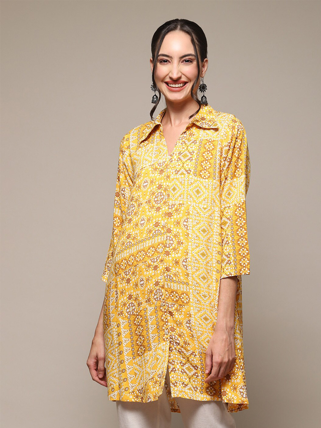 Biba Bandhani Printed Shirt Collar A-Line Kurta