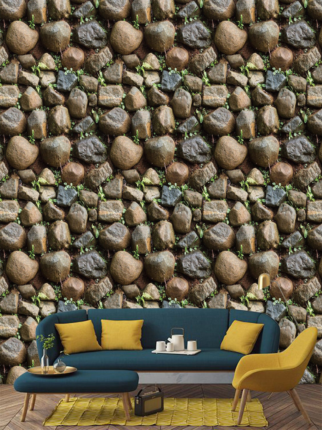 Jaamso Royals Brown & Grey Nature Stone With leaves Self adhesive Wallpaper