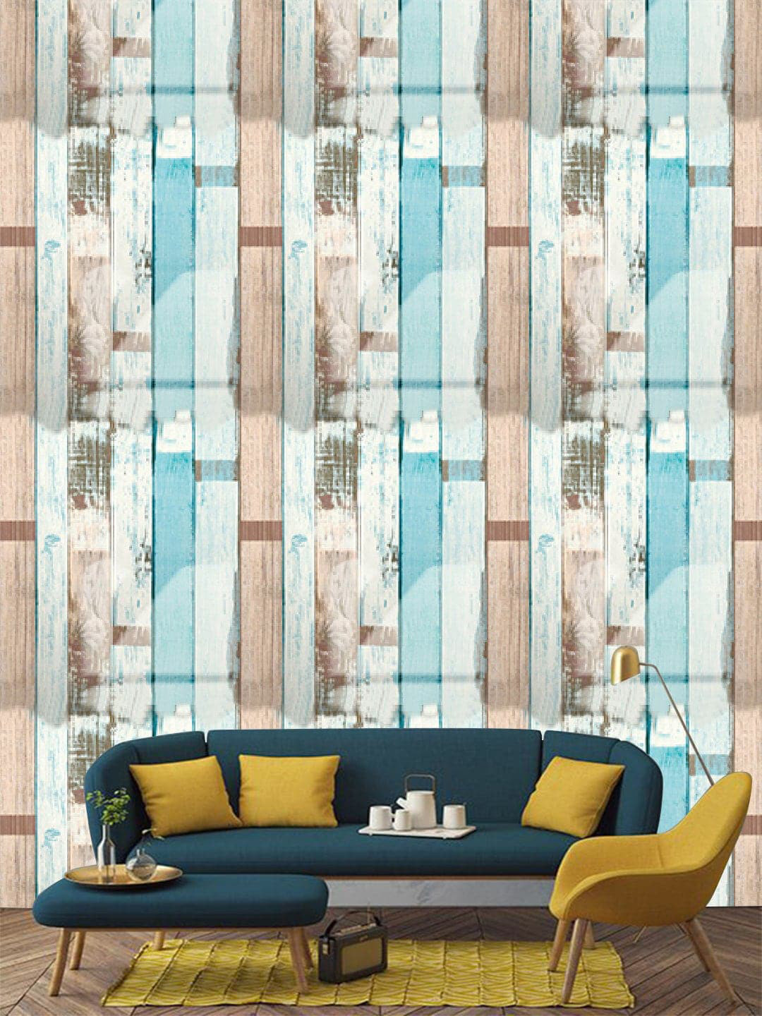 Jaamso Royals Vintage Blue & Brown Wood  Self adhesive Wallpaper