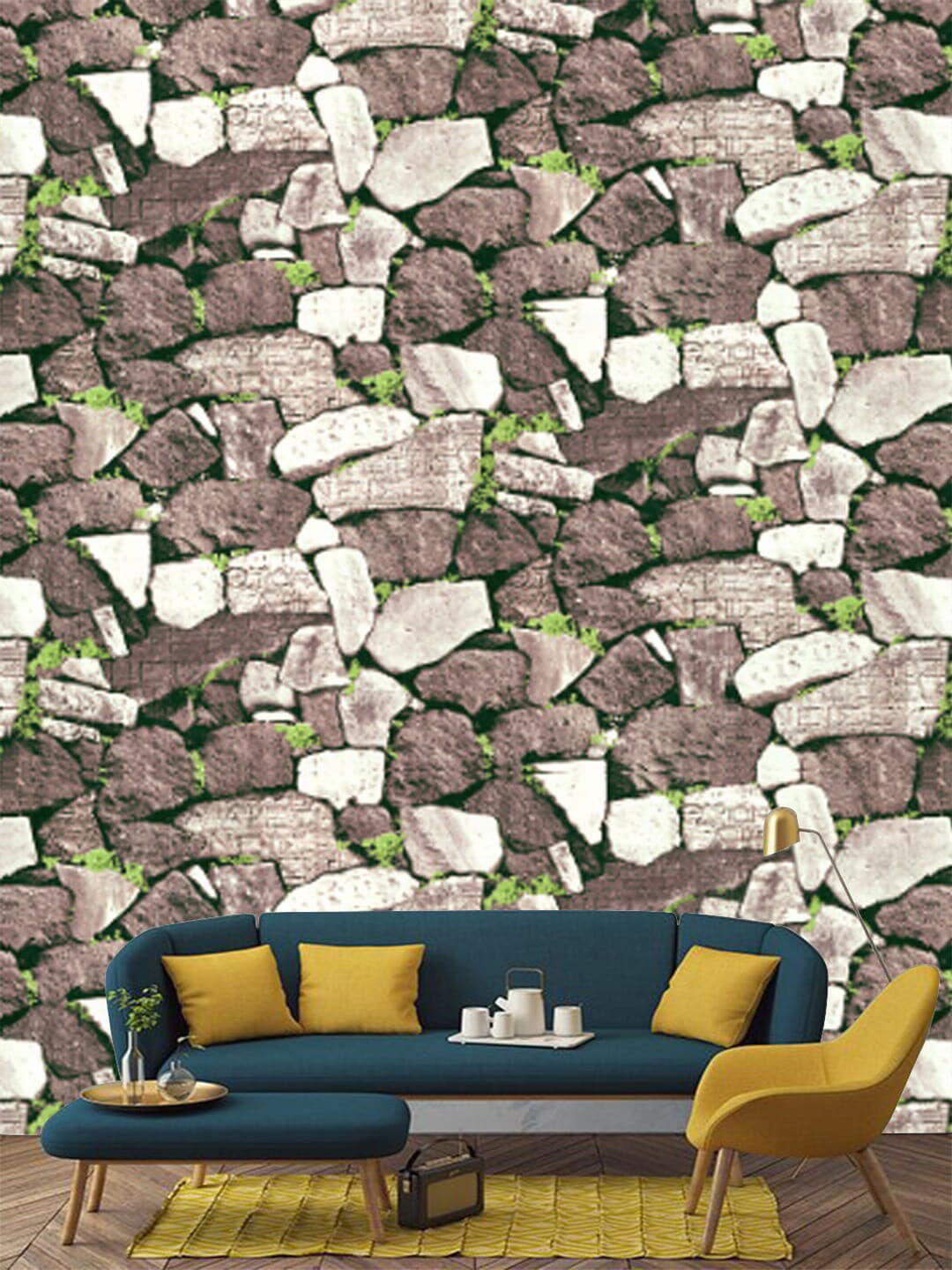 Jaamso Royals Beige & Off White Stone With Leaves Self Adhesive Wallpaper