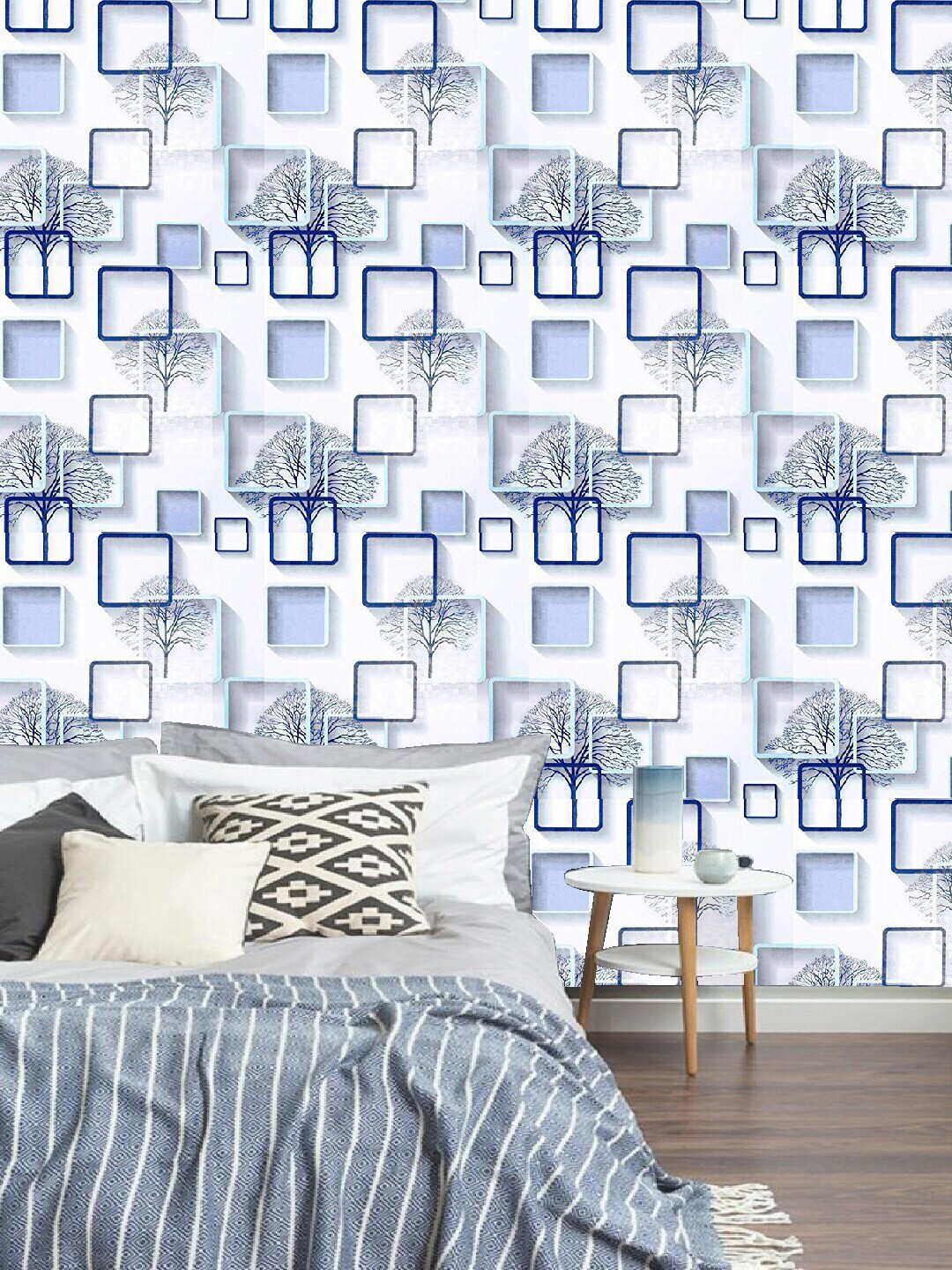 Jaamso Royals White & Blue Square Pattern Self-Adhesive Wallpaper