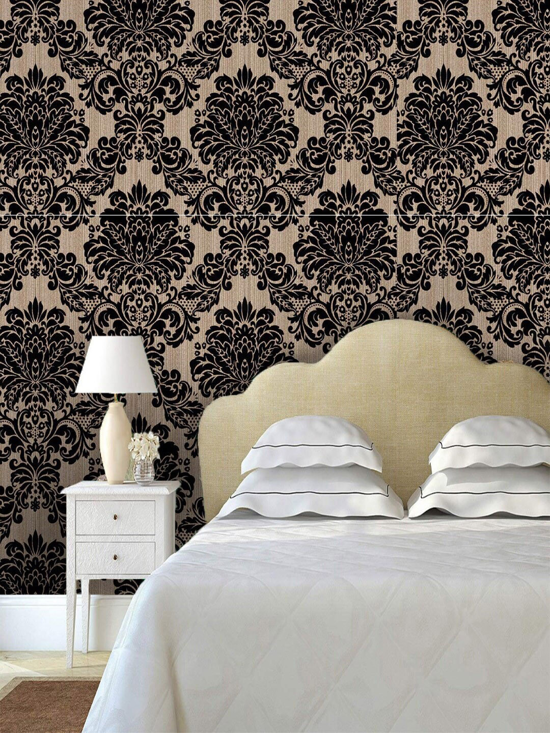 Jaamso Royals Black & Beige Damask Print Self-Adhesive Wallpaper