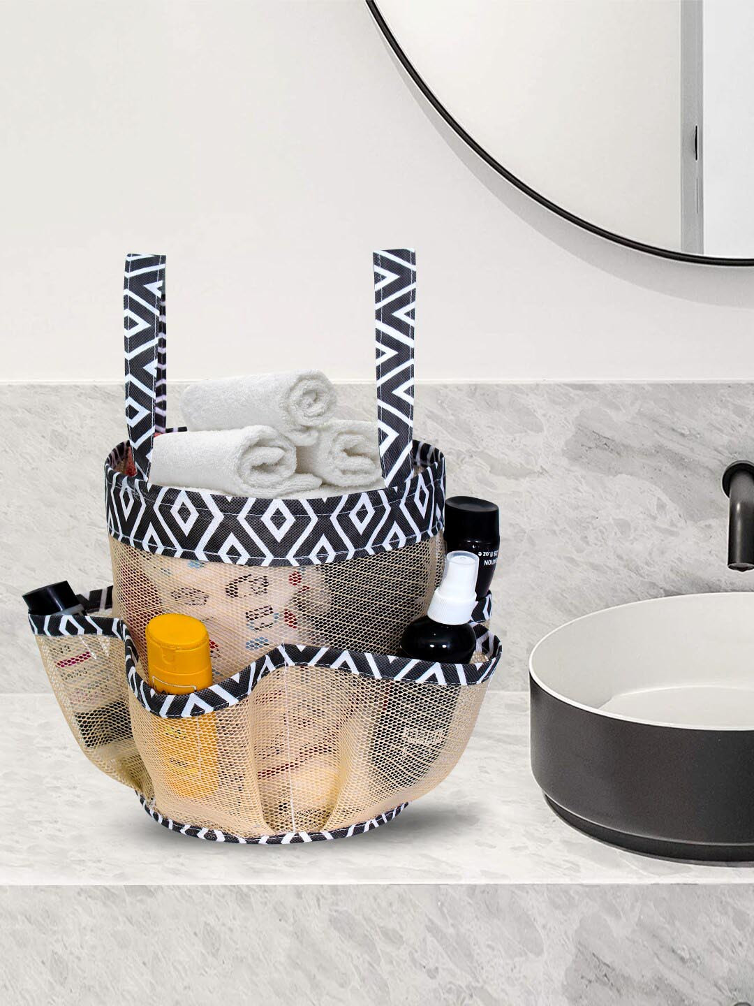 prettykrafts Beige & Black Textured Mesh Shower Caddy Tote Bag