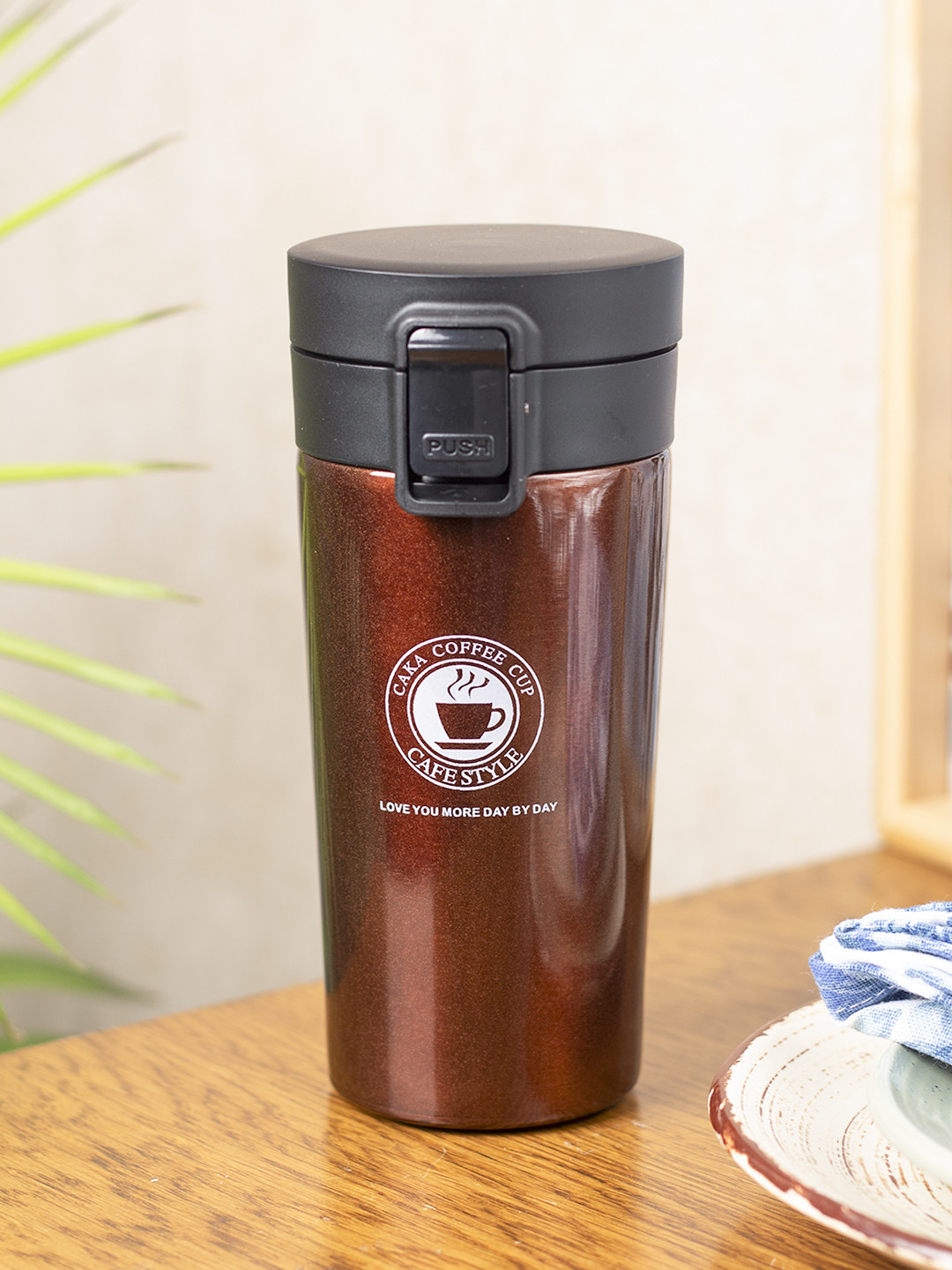 MARKET99 Brown Typography Stainless Steel Flip Top Water Bottle - 1L
