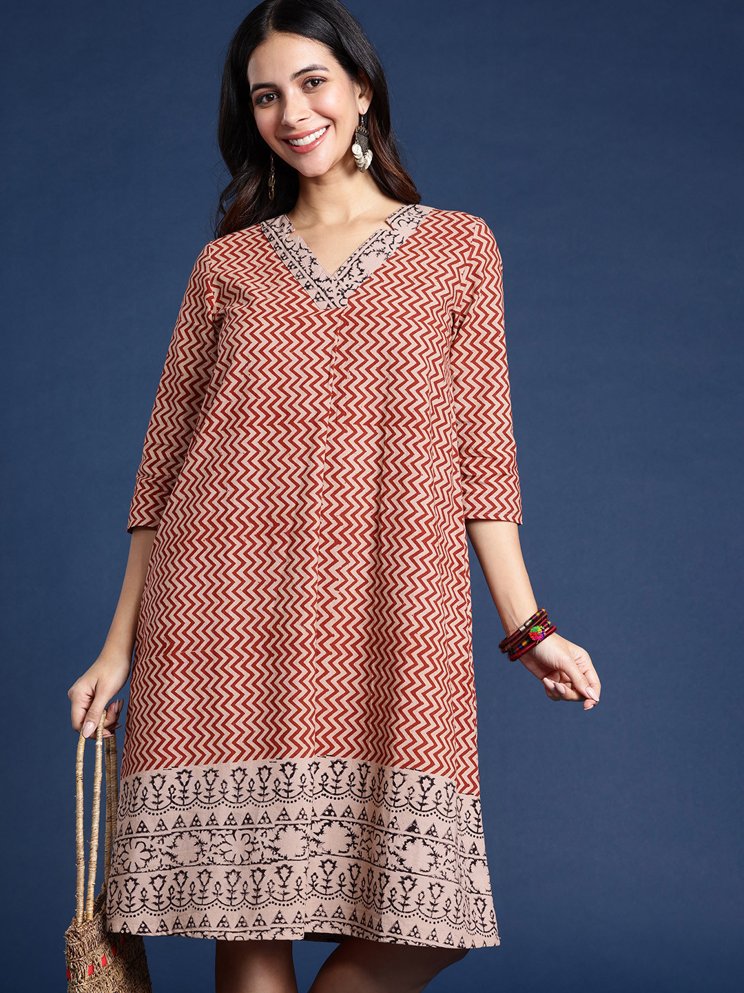 Taavi Chevron Kalamkari Hand Block Print V-Neck Pure Cotton A-Line Ethnic Dress