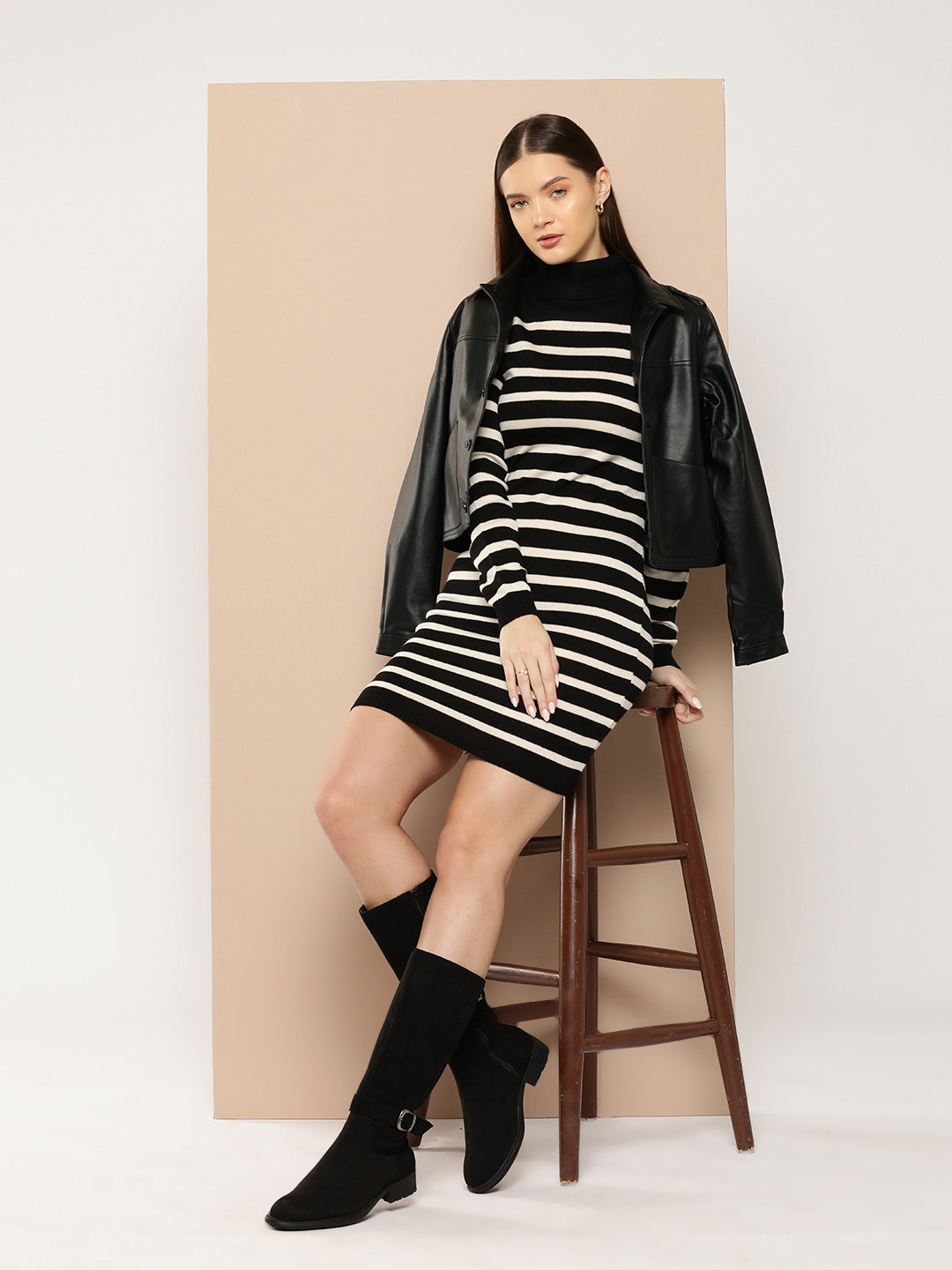 Chemistry Monochrome Striped Acrylic Sweater Dress