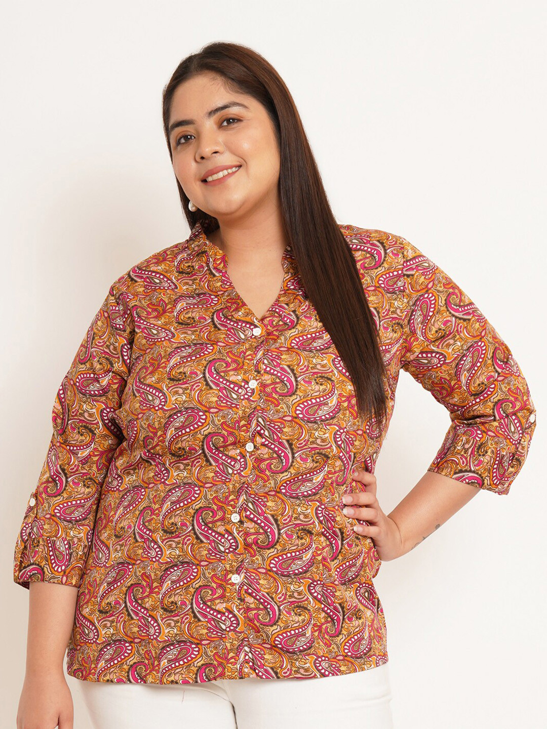 U&F Beyond Plus Size Ethnic Motifs Printed Mandarin Collar Roll-Up Sleeves Shirt Style Top
