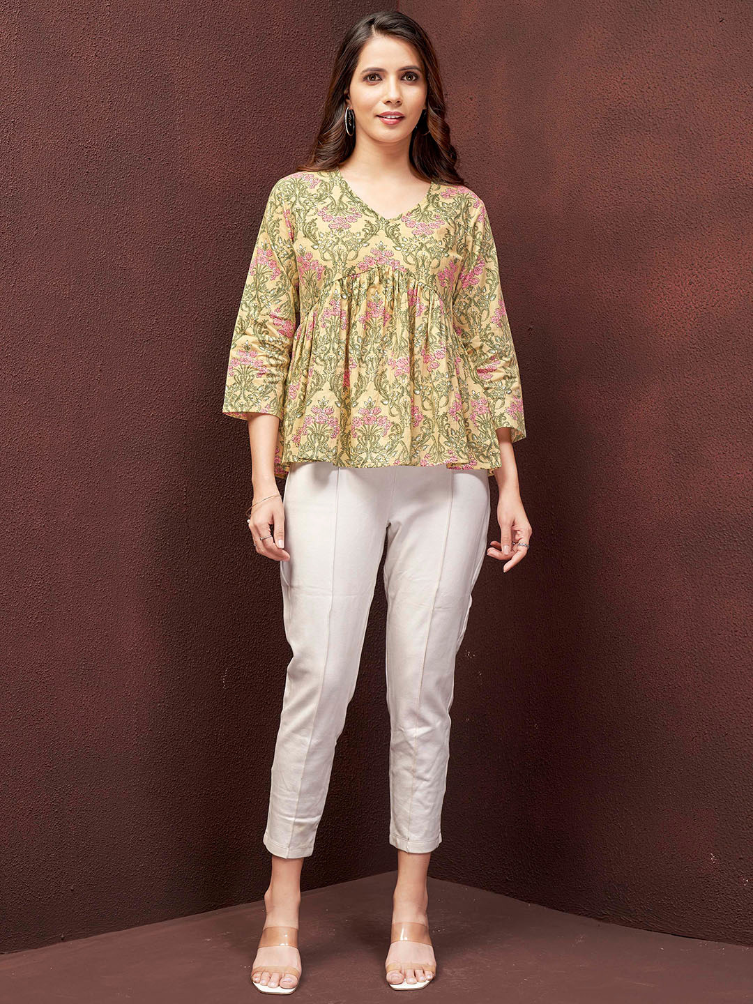 DRESOUL Floral Print Flared Sleeve Cotton Empire Top