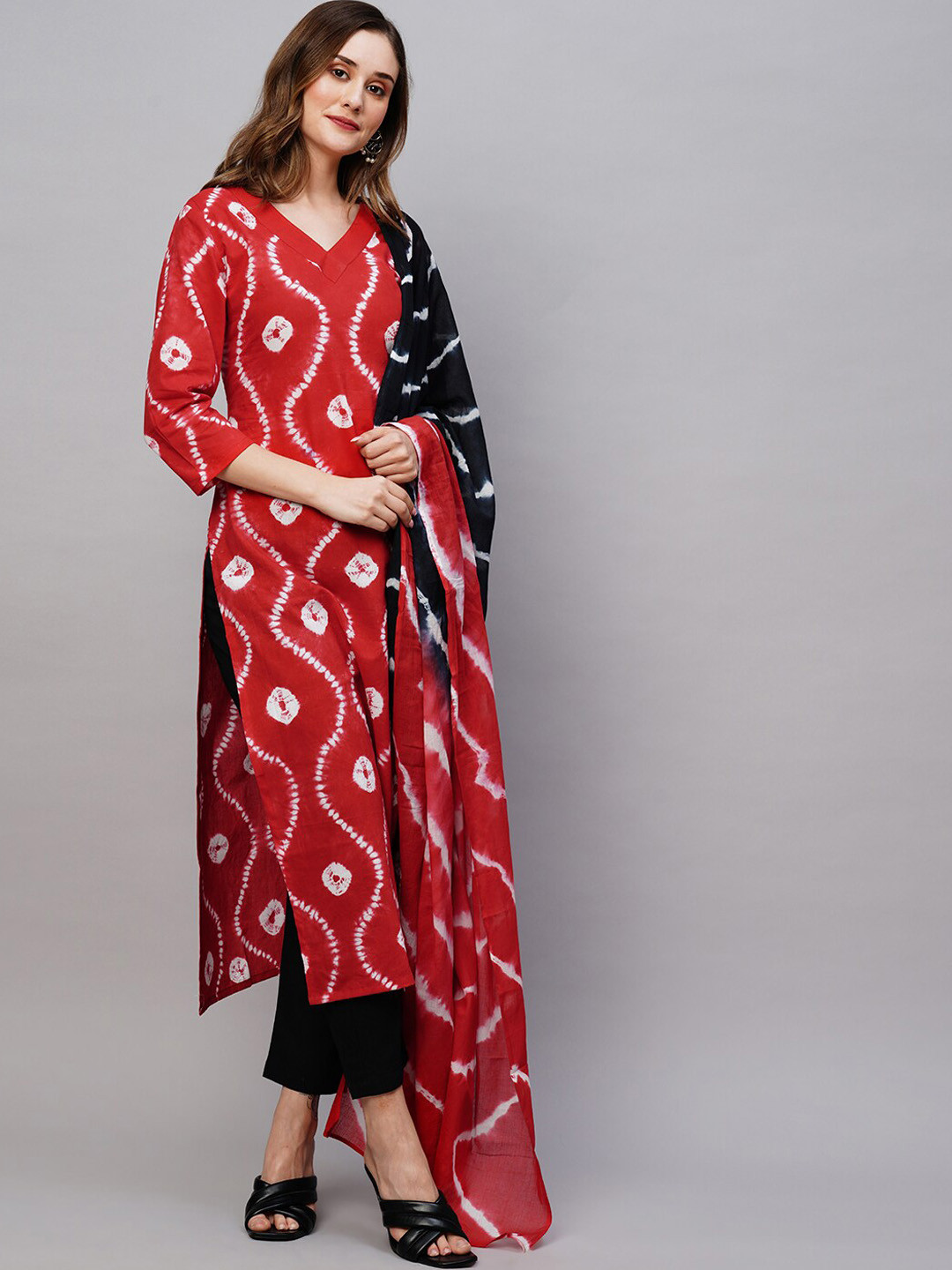 KALINI V-Neck Bandhani Printed Kurta with Trousers & With Dupatta