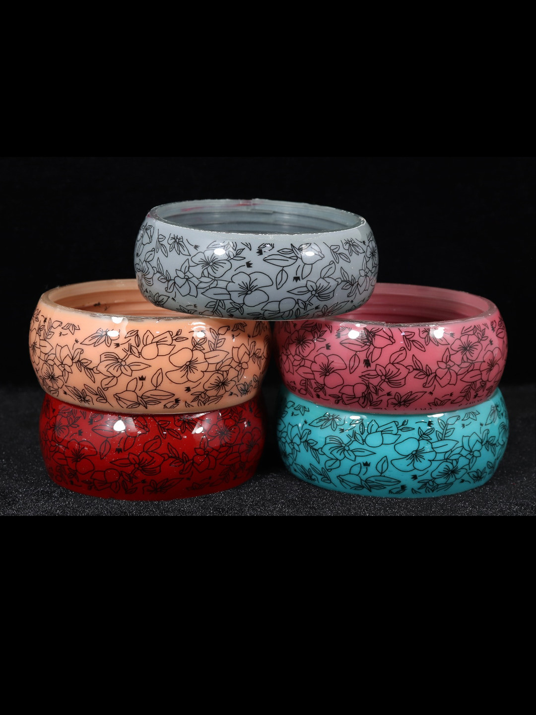 NMII Set Of 5 Printed Design Glossy Finished Glass Bangles