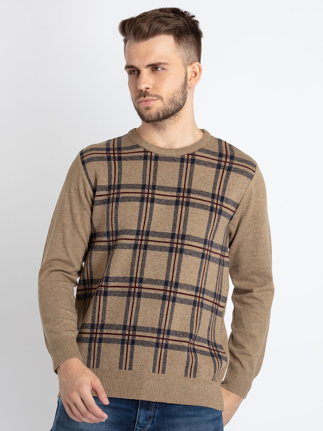 Status Quo Checked Round Neck Pullover