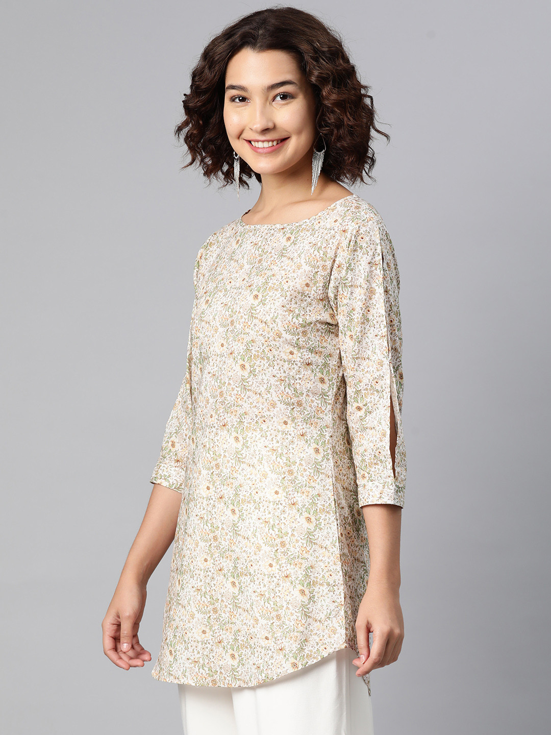 VARUSHKA Floral Print Slit Sleeve Longline Top