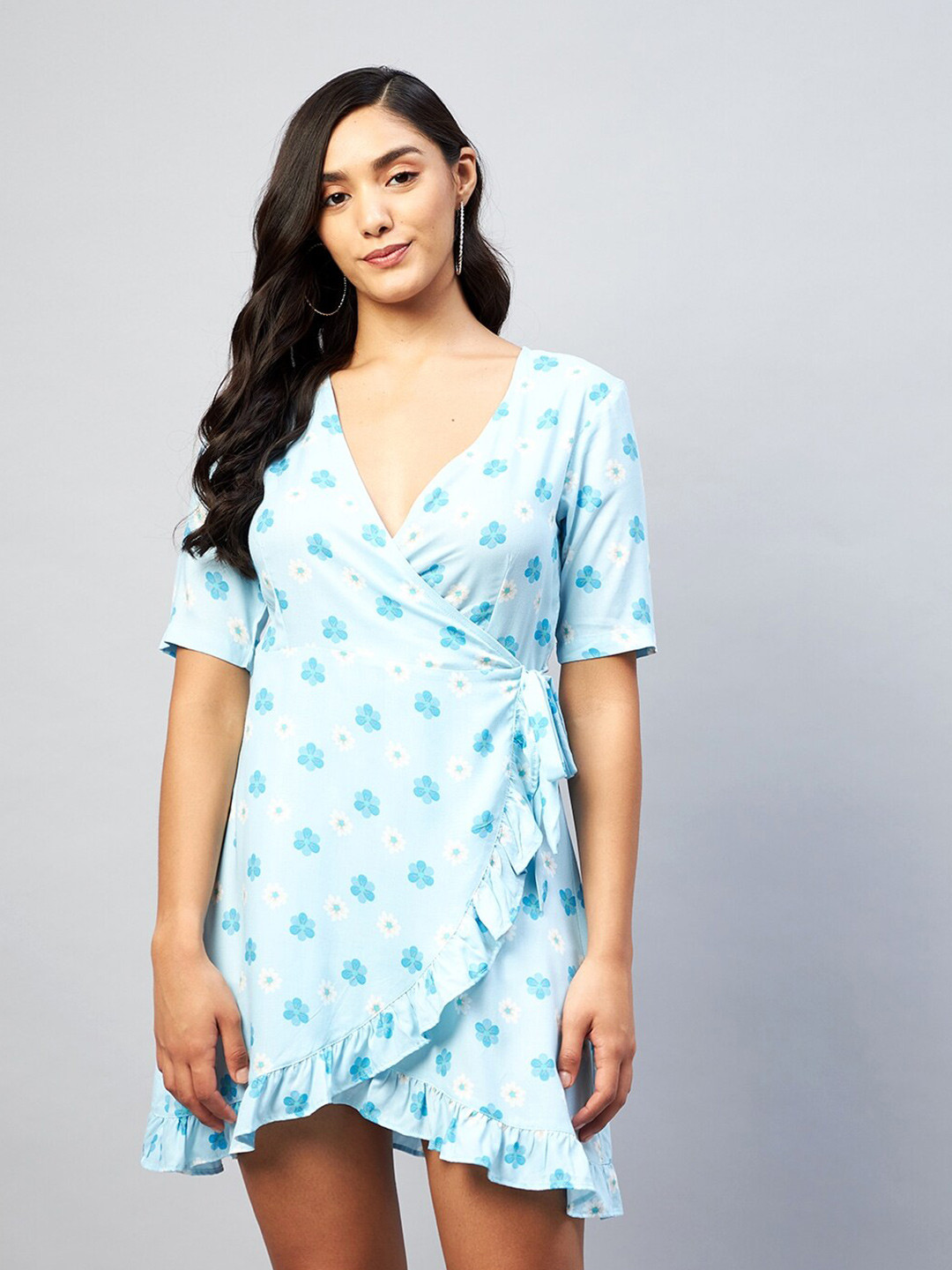 DELAN Floral Printed V-Neck Wrap Dress