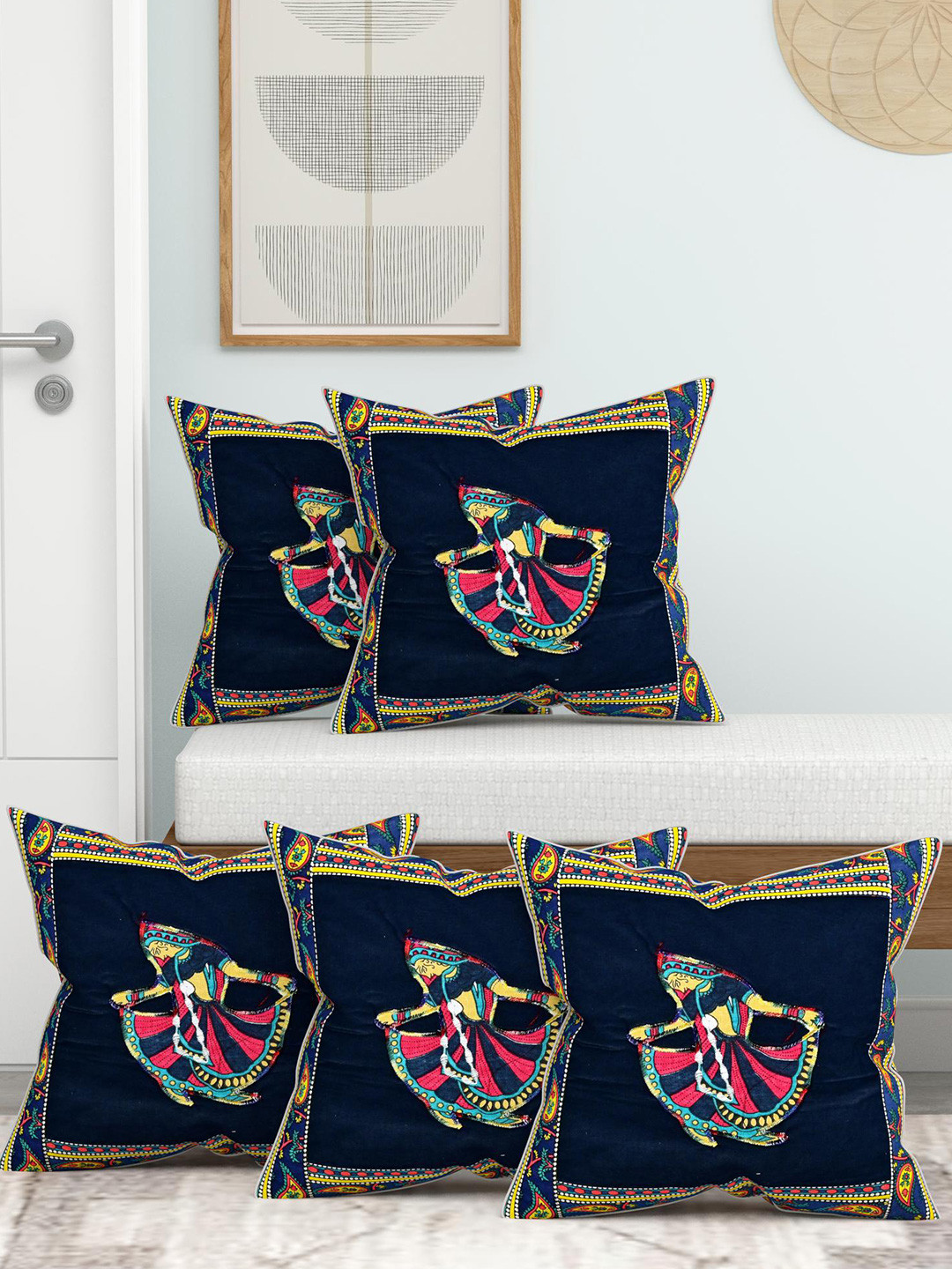 Lali Prints Blue & Red Set of 5 Ethnic Motifs Square Cushion Covers